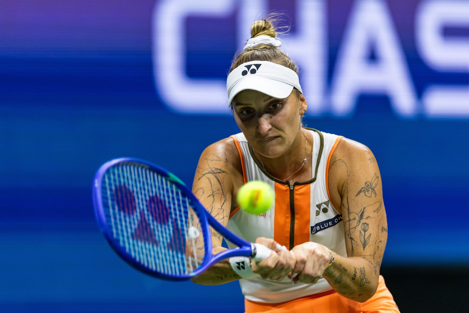 Marketa Vondrousova of Czech Republic in action against Elena Rybakina of Kazakhstan in the fourth round of the women’s singles at the US Open at Arthur Ashe Stadium in Billie Jean King National Tennis Center.