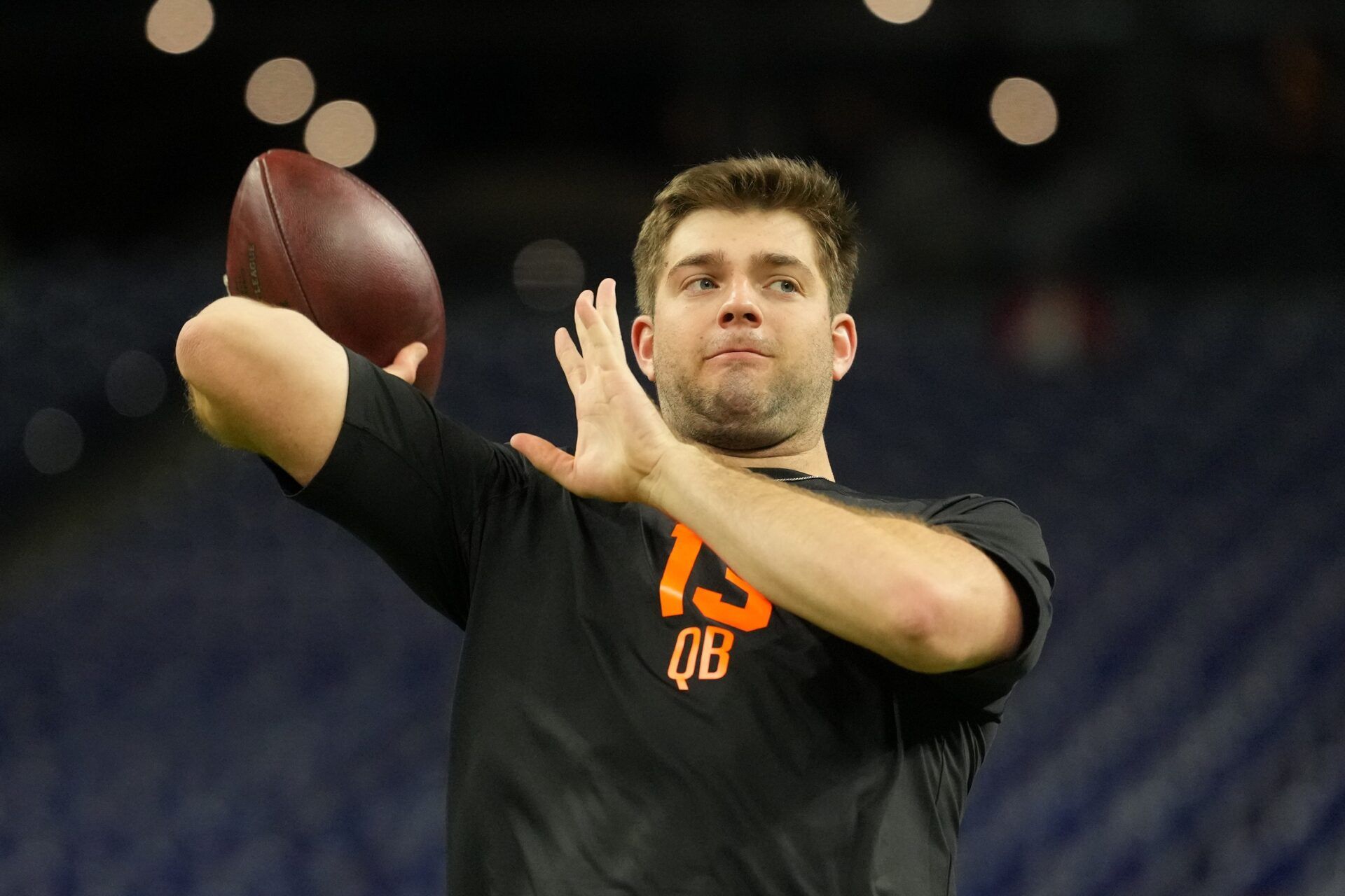 LSU quarterback Garrett Nussmeier (QB13) during the NFL Scouting Combine at Lucas Oil Stadium.