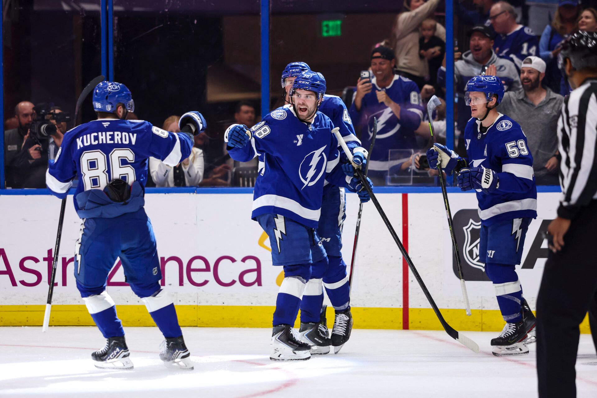 Tampa Bay Lightning forward Brandon Hagel (38) celebrates his goal at Benchmark International Arena.