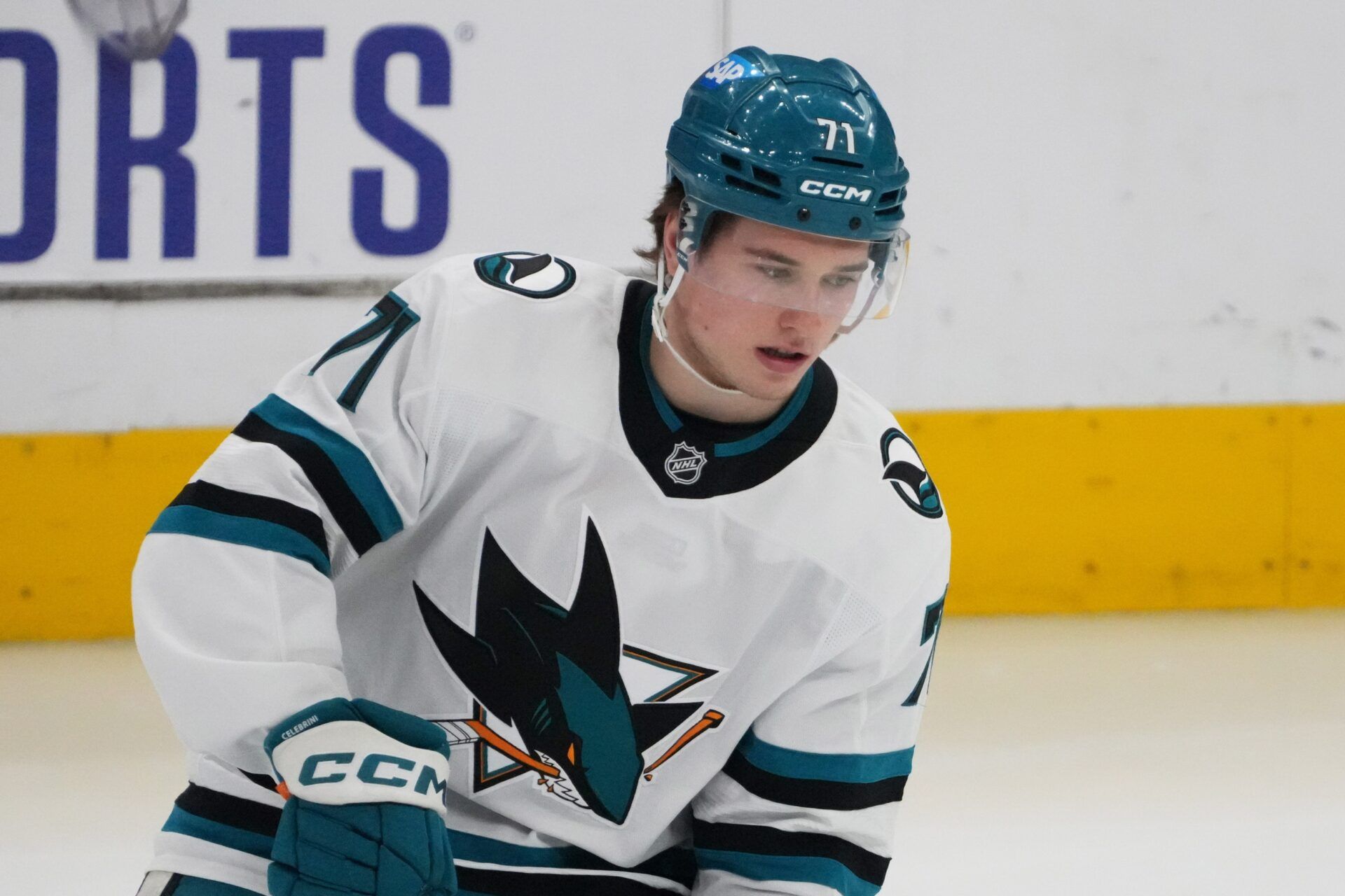 San Jose Sharks center Macklin Celebrini (71) warms up before a game against the Chicago Blackhawks at United Center.