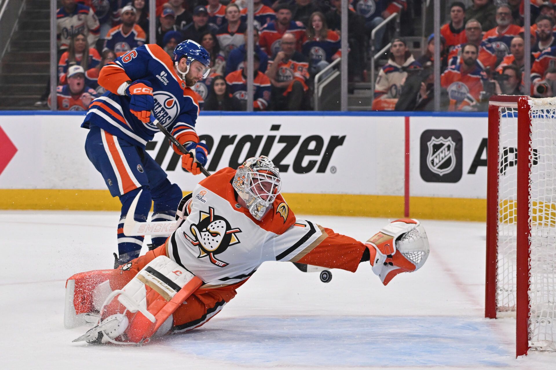 Edmonton Oilers center Jason Dickinson (16) shoots the puck to Anaheim Ducks goalie Lukas Dostal (1) in game one of the first round of the 2026 Stanley Cup Playoffs during the first period at Rogers Place.