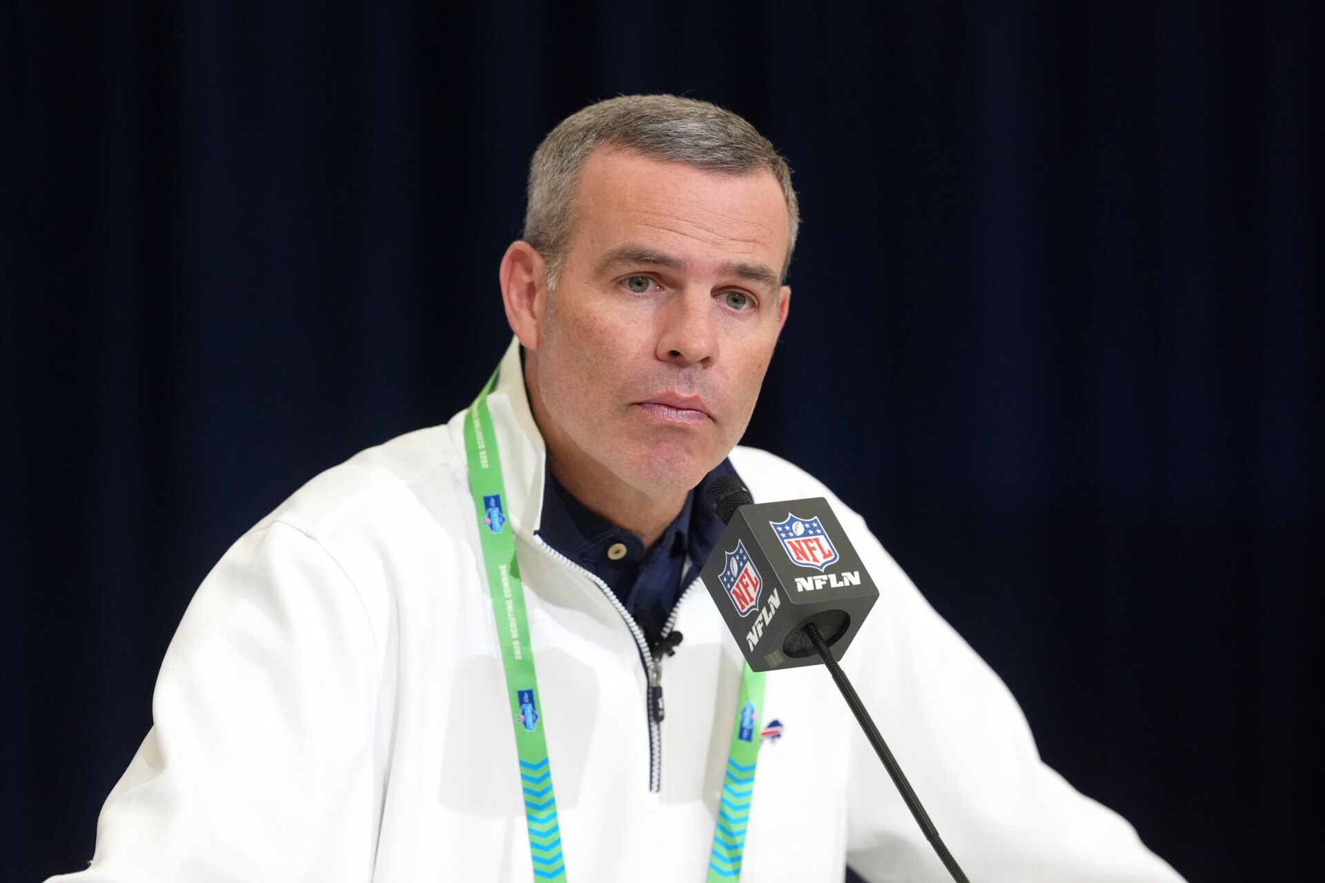 Buffalo Bills general manager Brandon Beane speaks at the NFL Scouting Combine at the Indiana Convention Center.