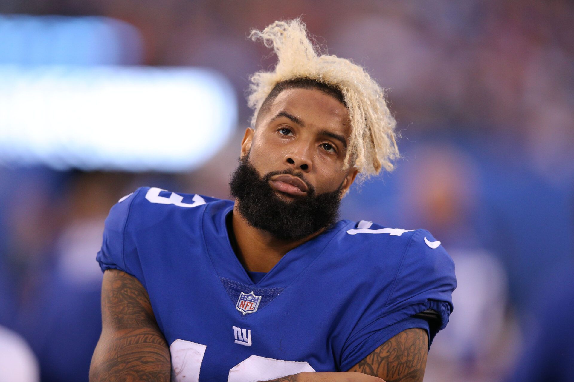 New York Giants wide receiver Odell Beckham Jr. (13) reacts during the third quarter against the New Orleans Saints at MetLife Stadium.