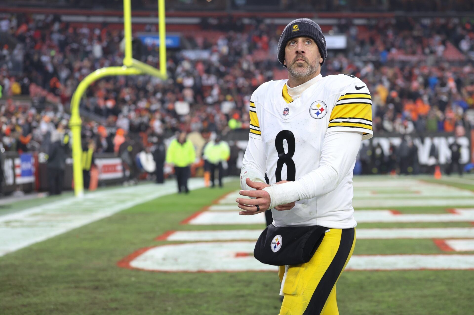 Pittsburgh Steelers quarterback Aaron Rodgers (8) looks on after the game against the Cleveland Browns at Huntington Bank Field.