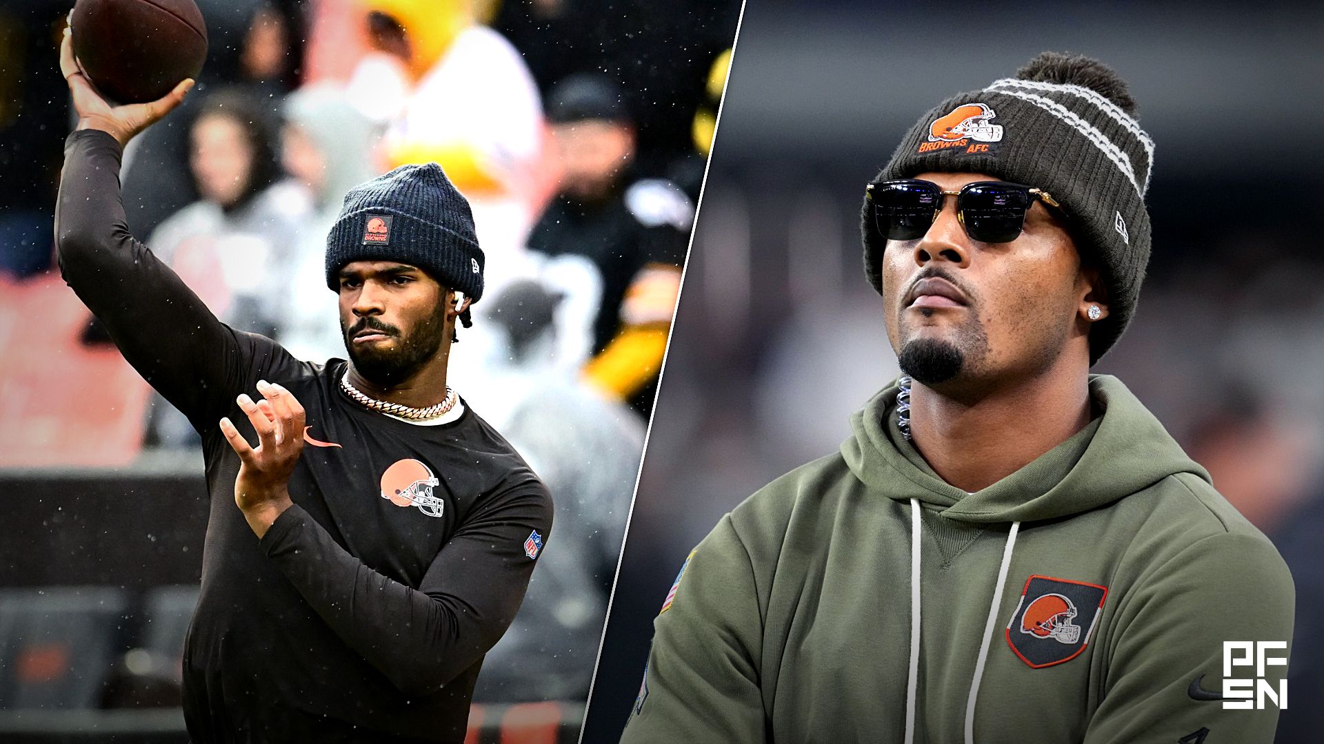 Cleveland Browns quarterback Shedeur Sanders (12) warms up before the game against the Pittsburgh Steelers at Huntington Bank Field. Mandatory Credit: Ken Blaze-Imagn Images

Nov 23, 2025; Paradise, Nevada, USA; Cleveland Browns quarterback Deshaun Watson watches on the sidelines against the Las Vegas Raiders in the second half at Allegiant Stadium.