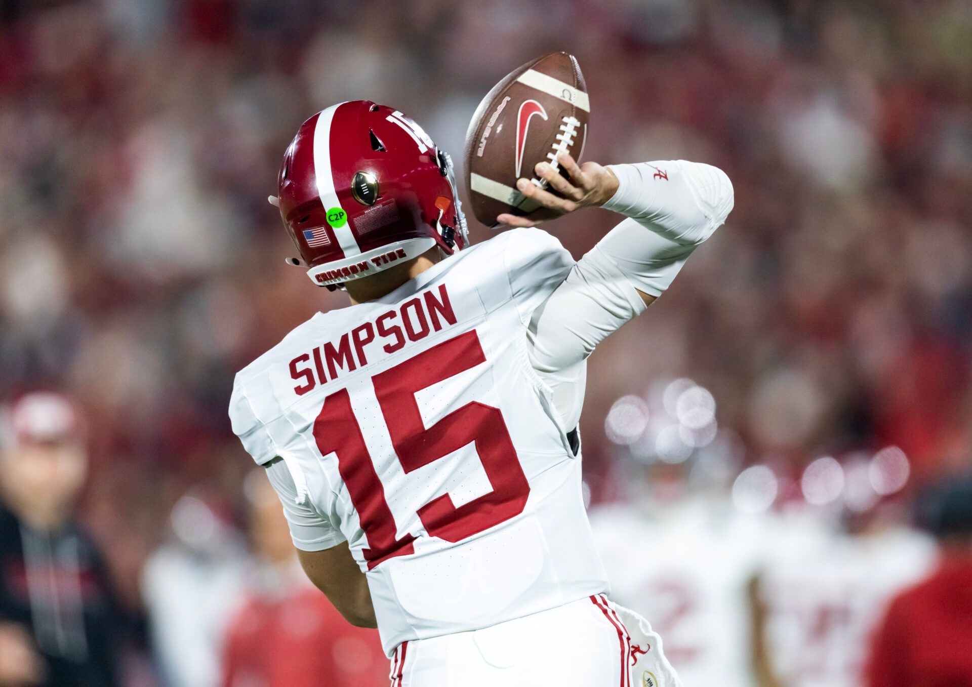 Detailed view of the jersey of Alabama Crimson Tide quarterback Ty Simpson (15) against the Oklahoma Sooners during the CFP National Playoff First Round at Gaylord Family Oklahoma Memorial Stadium.
