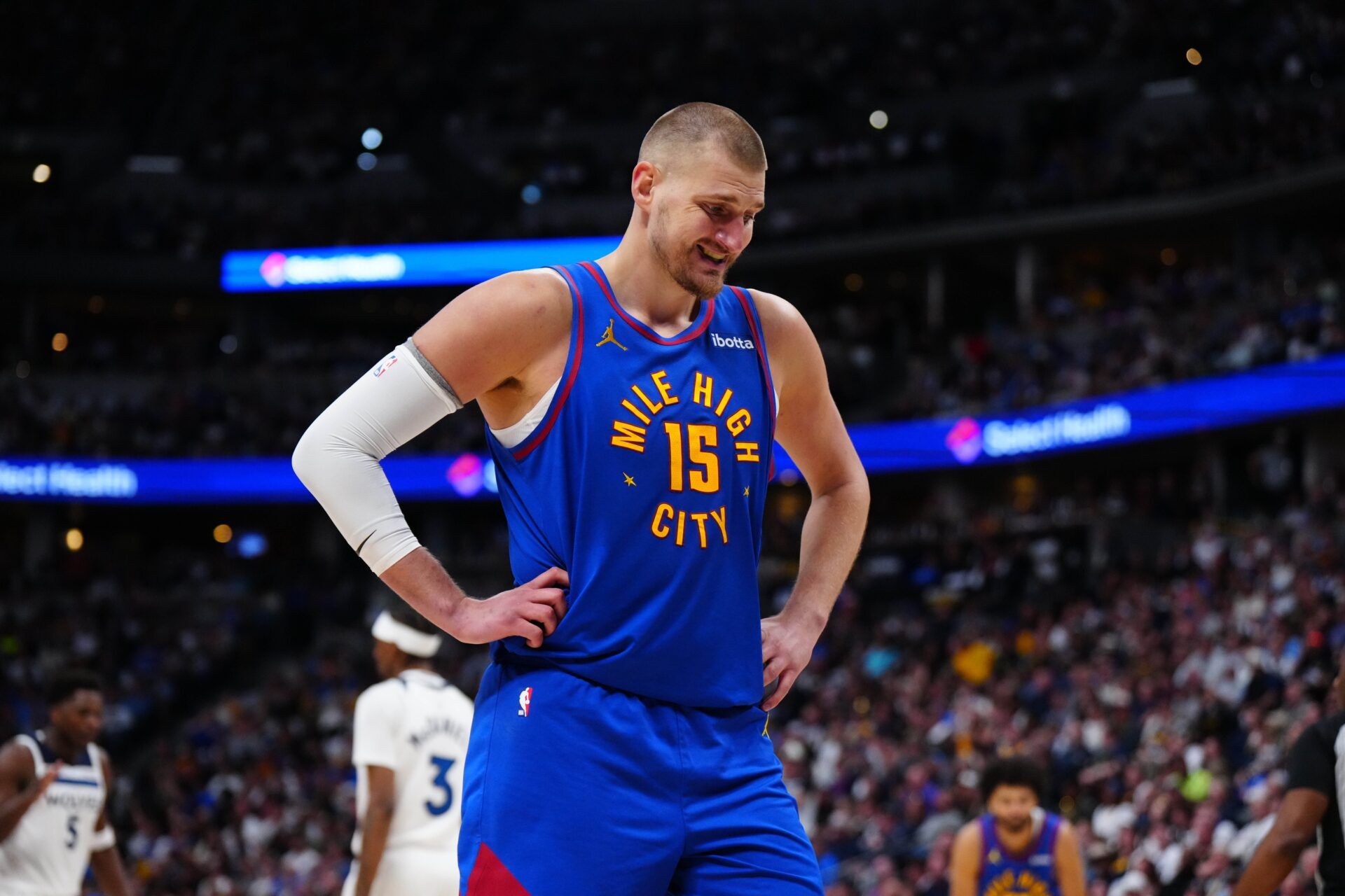 Denver Nuggets center Nikola Jokic (15) reacts in the second quarter against the Minnesota Timberwolves  during game two of the first round of the 2026 NBA Playoffs at Ball Arena.