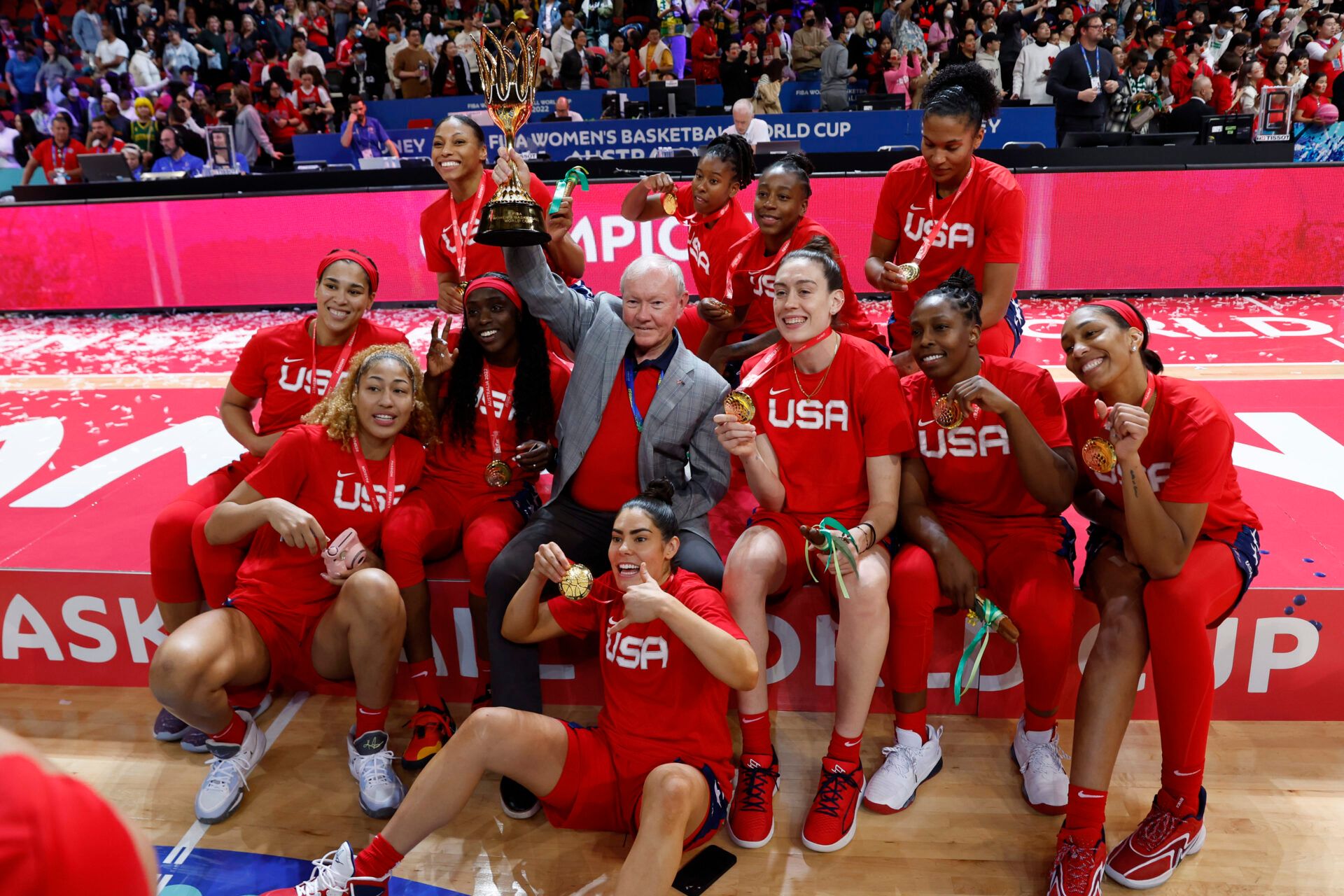 Team USA cerebrates winning the gold medal after defeating China in the 2022 FIBA women's basketball World Cup final at Sydney SuperDome.