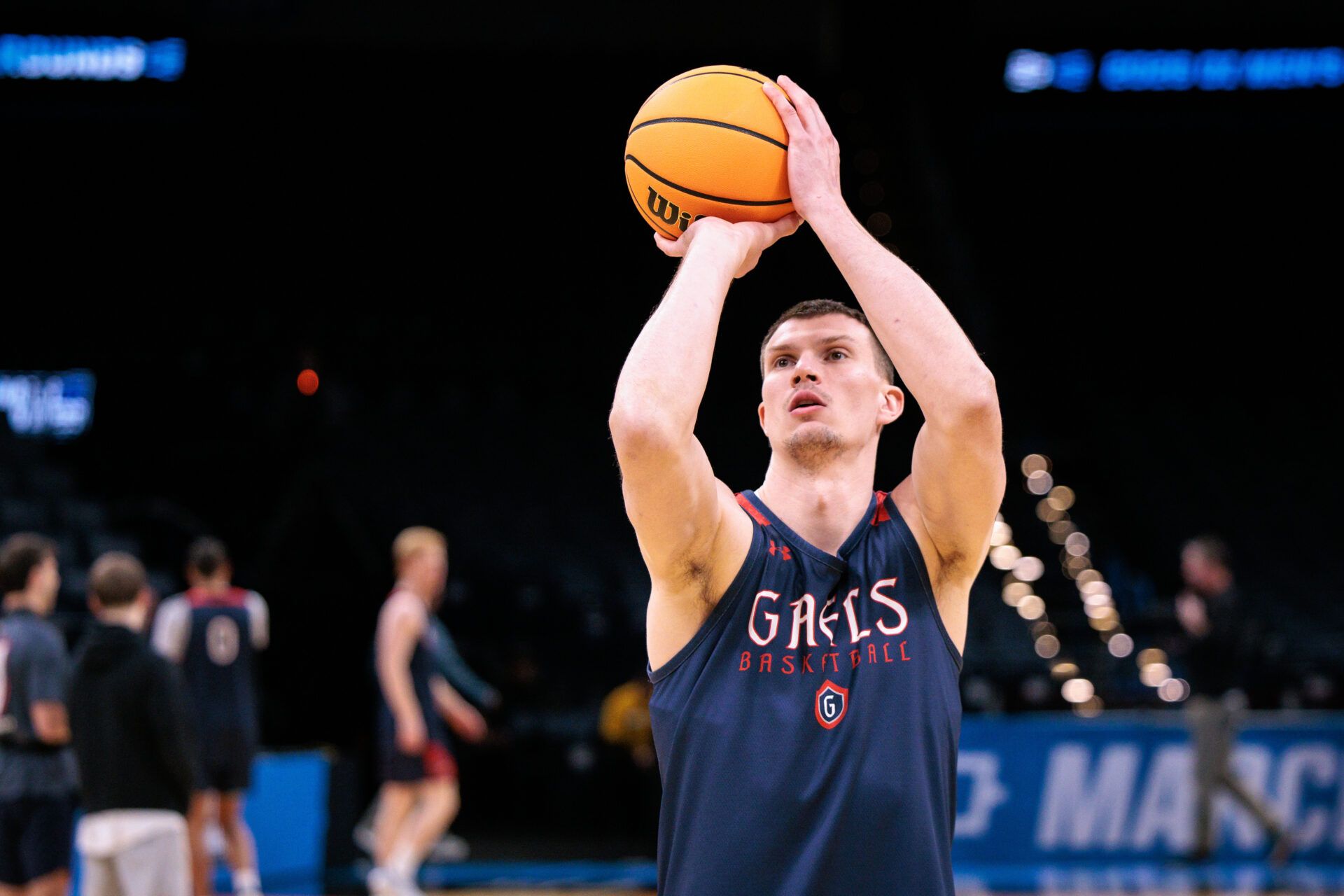 Saint Mary's Gaels forward Paulius Murauskas (23) shoots a free throws during a practice session ahead of the first round of the men's 2026 NCAA Tournament at Paycom Center.