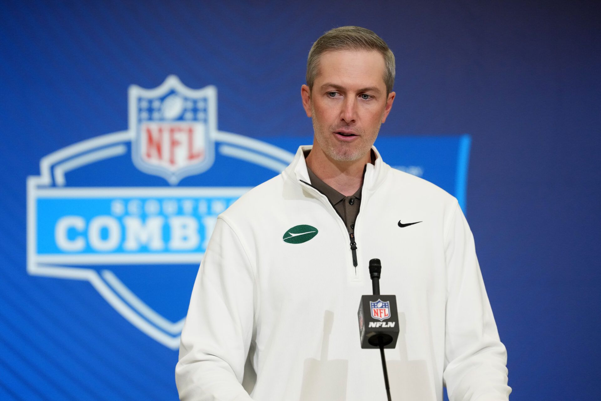 New York Jets general manager Darren Mougey speaks at the NFL Scouting Combine at the Indiana Convention Center.