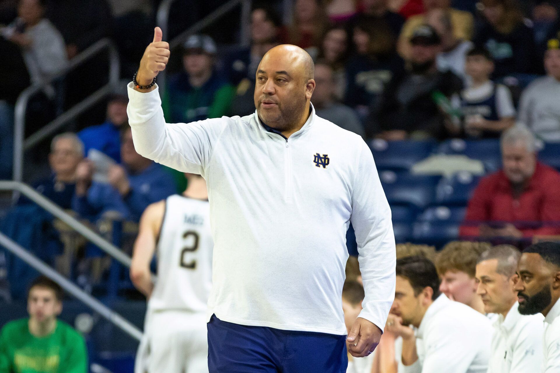 Notre Dame Fighting Irish head coach Micah Shrewsberry gives a thumbs up against the Georgia Tech Yellow Jackets during the first half at Purcell Pavilion at the Joyce Center.