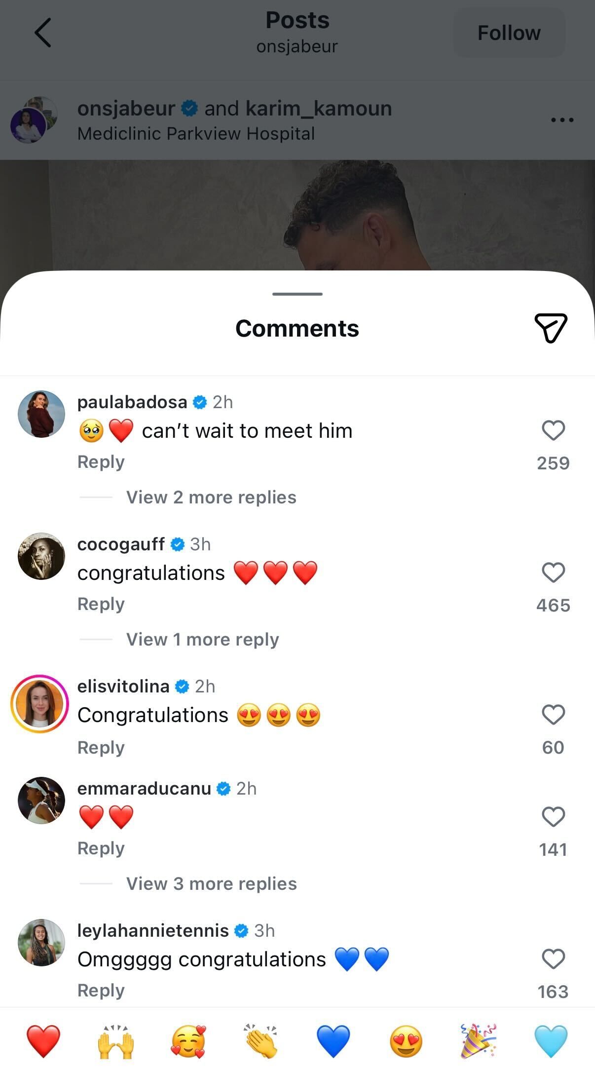 Screengrab of Players' Comments on Ons Jabeur's Post