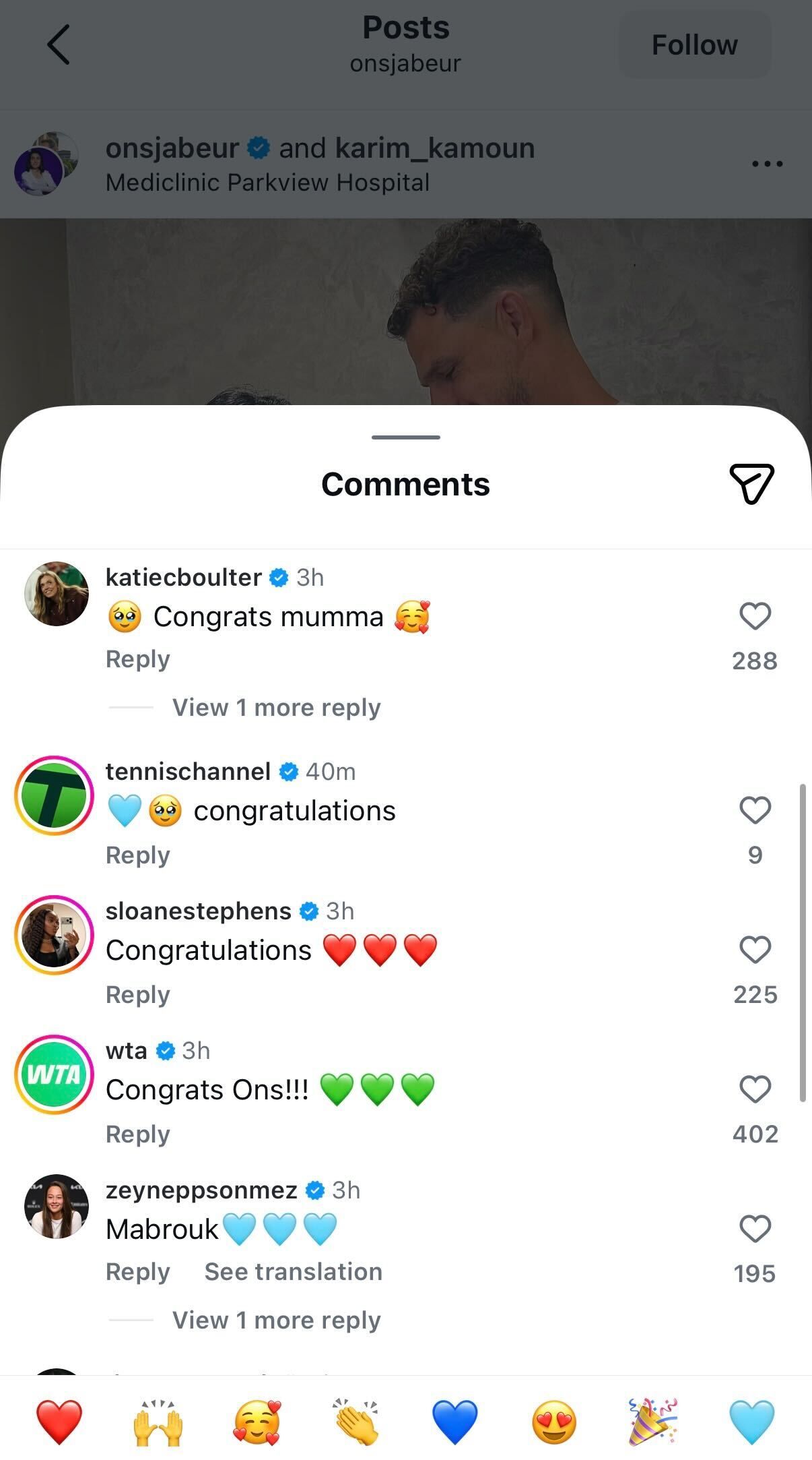 Screengrab of Players' Comments on Ons Jabeur's Post