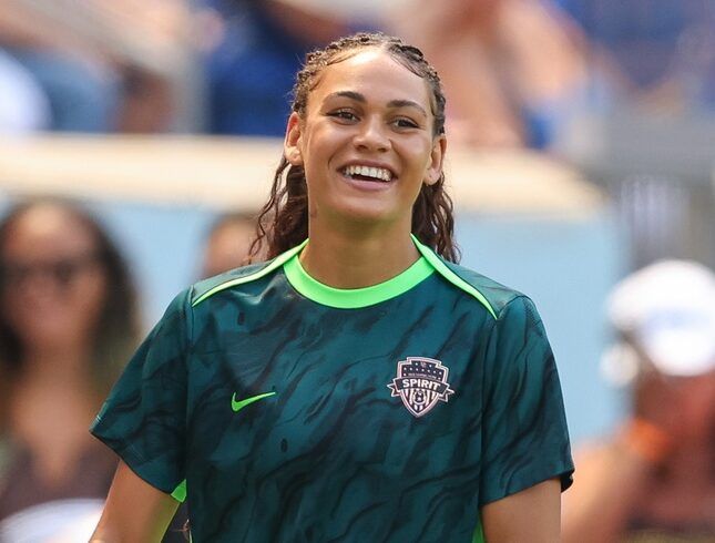 Washington Spirit forward Trinity Rodman (2) warms up before the match against Gotham FC at Sports Illustrated Stadium.