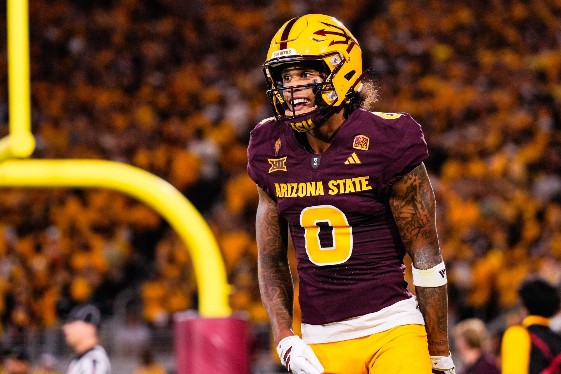 Arizona State Sun Devils wide receiver Jordyn Tyson (0) celebrates his touchdown in the first quarter between Arizona State Sun Devils and Northern Arizona Lumberjacks at Mountain America Stadium.