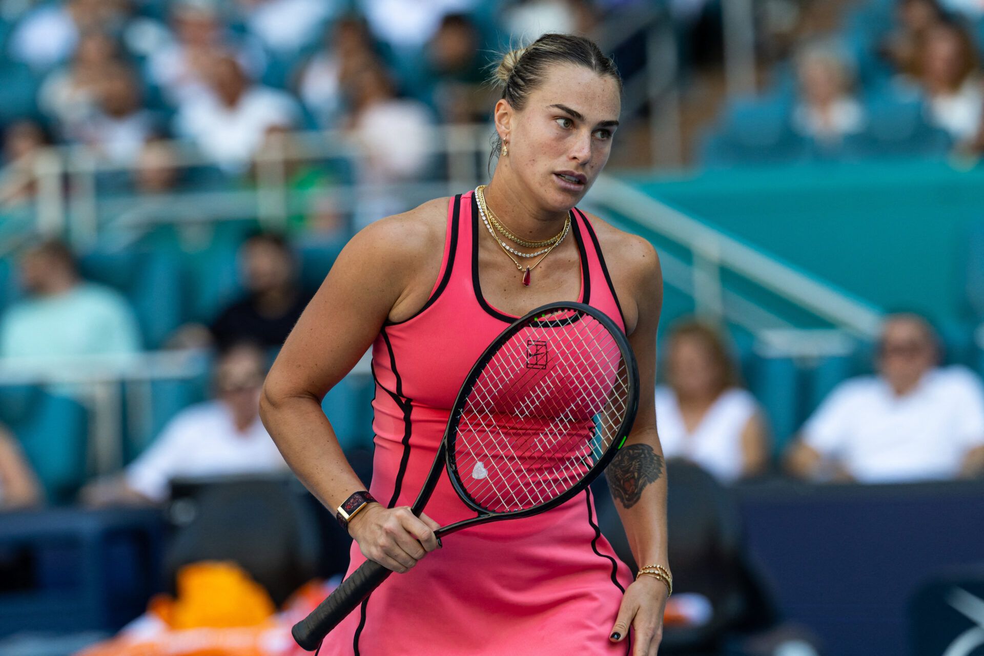 Aryna Sabalenka of Belarus reacts during her match against Coco Gauff of the United States in the final of the women’s singles at the Hard Rock Stadium.