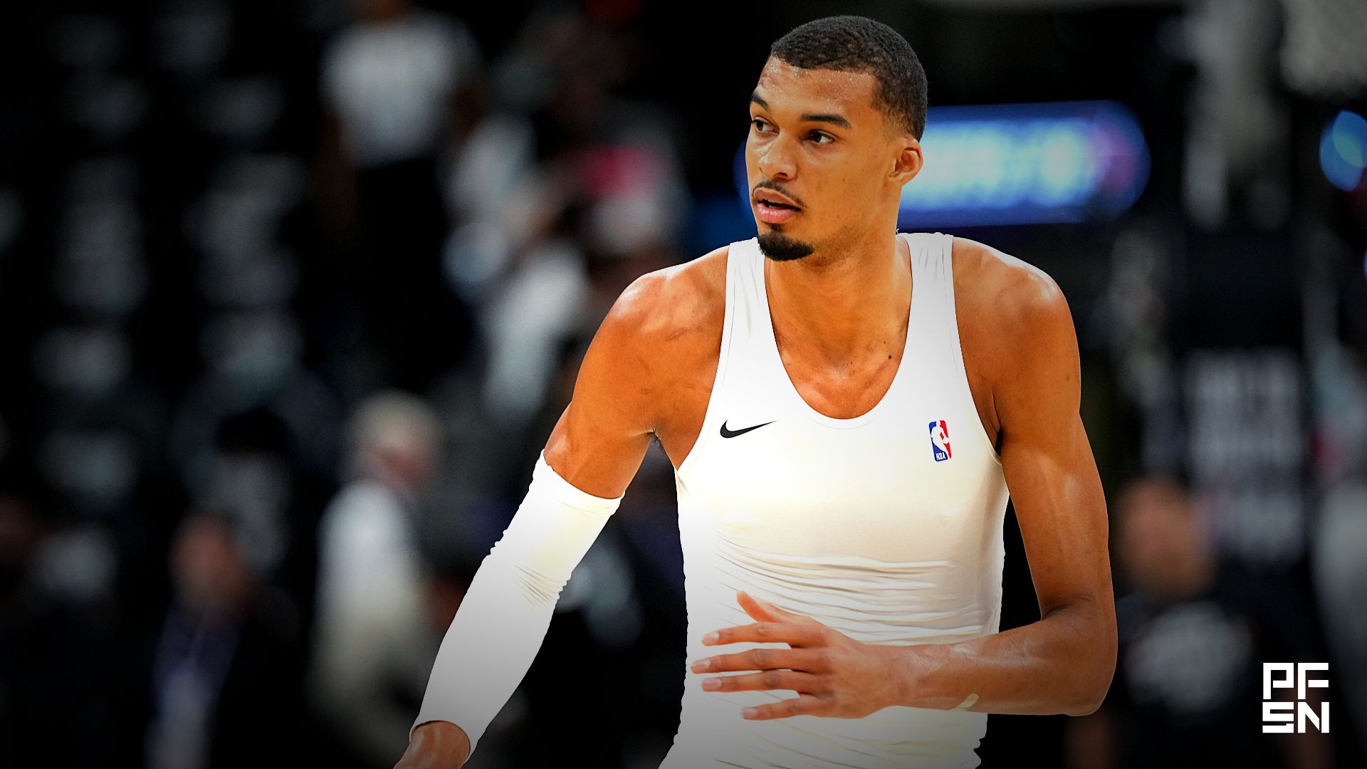 San Antonio Spurs forward Victor Wembanyama (1) warms up before game two of the first round of the 2026 NBA Playoffs against the Portland Trail Blazers at Frost Bank Center.