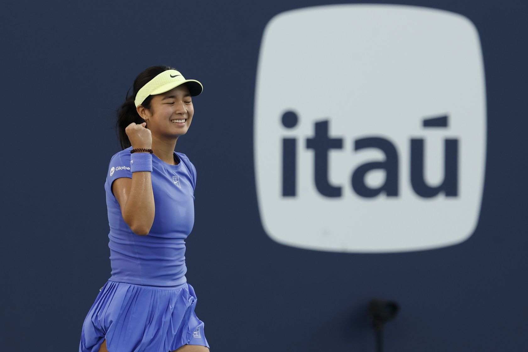 Alexandra Eala (PHI) celebrates after match point against Magda Linette (POL) (not pictured) on day five of the 2026 Miami Open at Hard Rock Stadium.