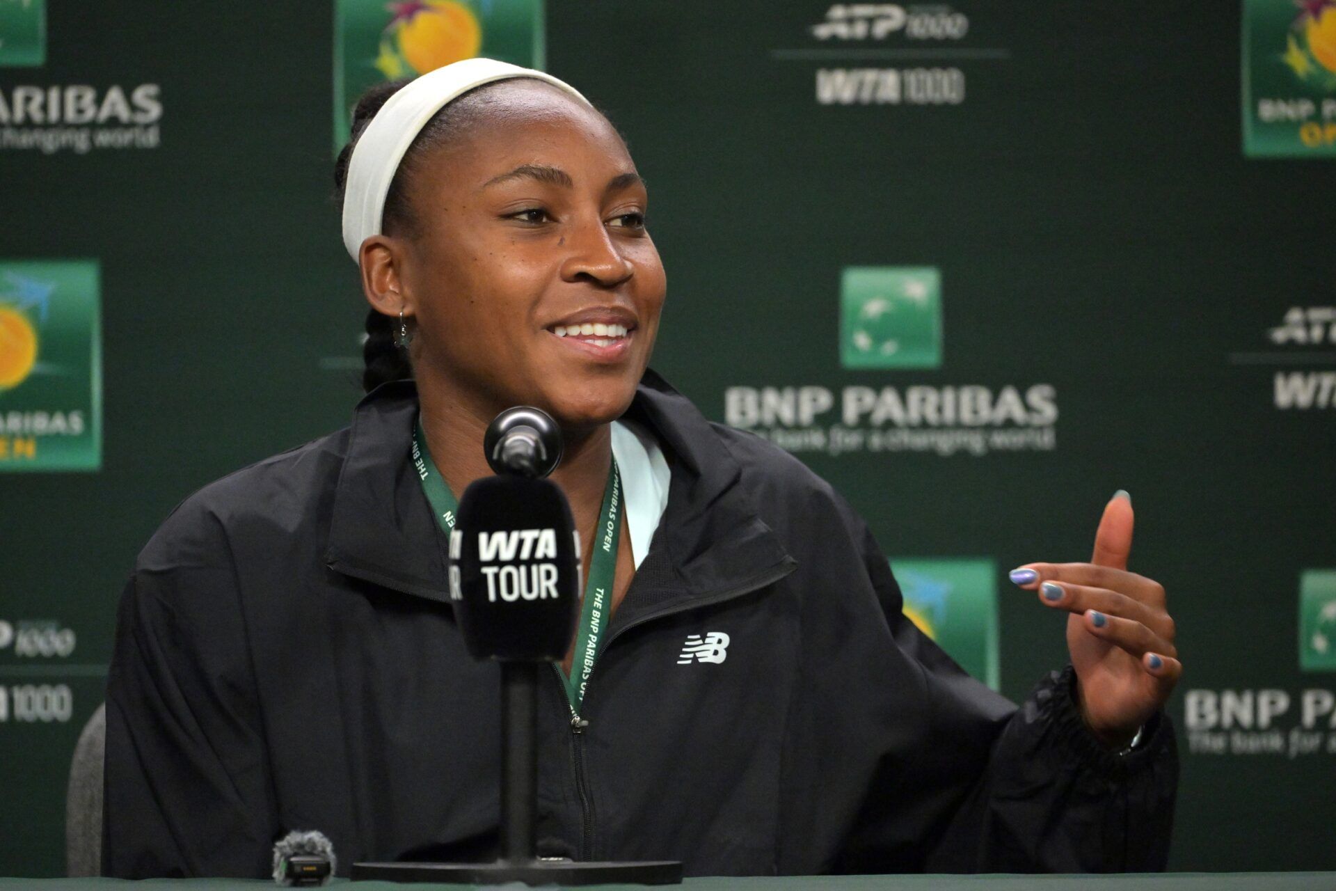 Coco Gauff (USA) speaks to the media at a news conference during the BNP Paribas Open at the Indian Wells Tennis Garden.