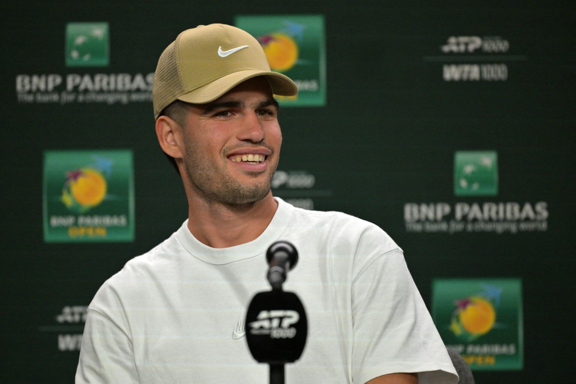 Carlos Alcaraz (ESP) speaks to the media at a news conference during the BNP Paribas Open at the Indian Wells Tennis Garden.