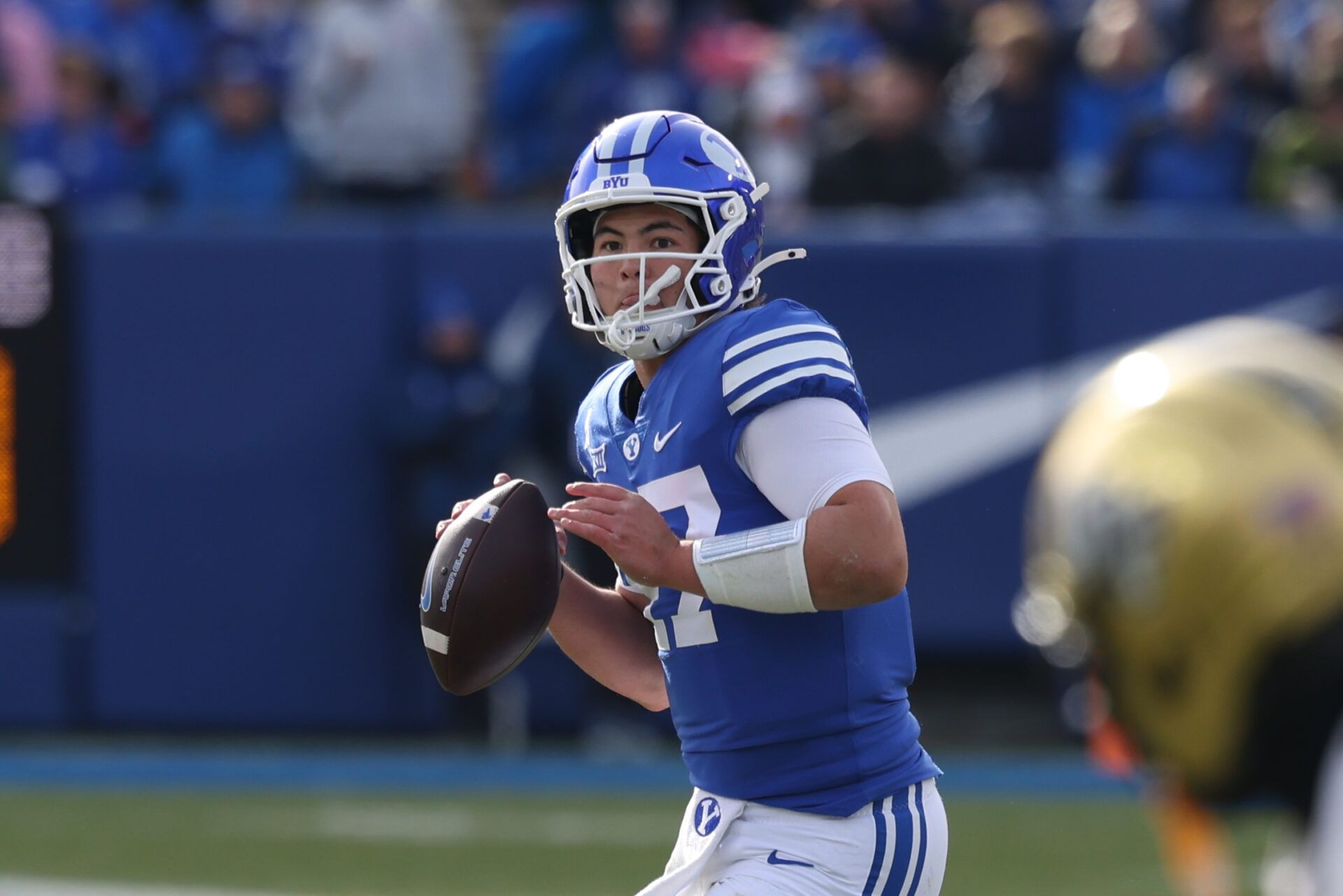 BYU Cougars quarterback Bear Bachmeier (47) looks to pass against the UCF Knights during the second half at LaVell Edwards Stadium.