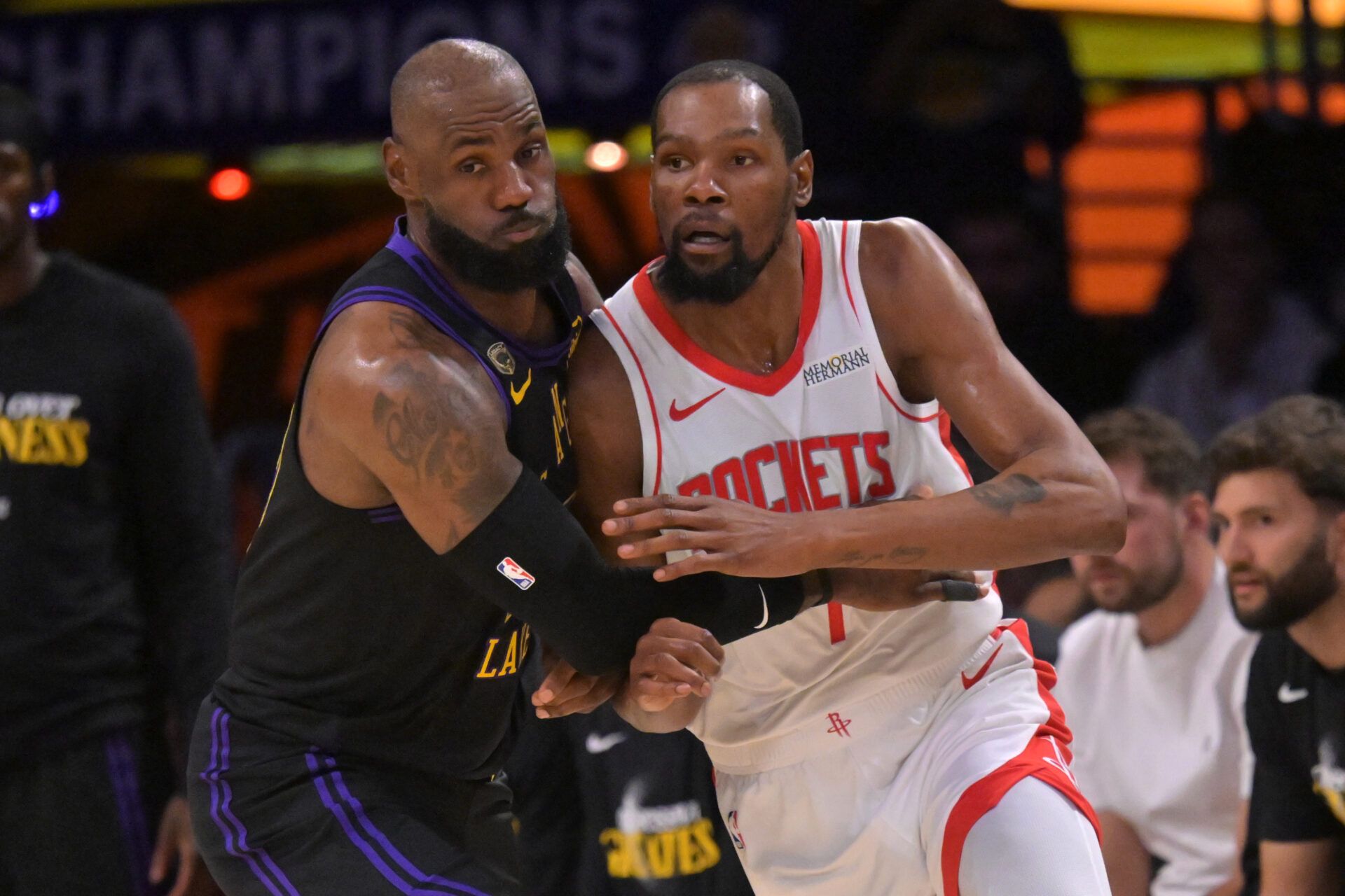 Los Angeles Lakers forward LeBron James (23) defends Houston Rockets forward Kevin Durant (7) in the first half of game two of the first round of the 2026 NBA Playoffs against the Houston Rockets at Crypto.com Arena.