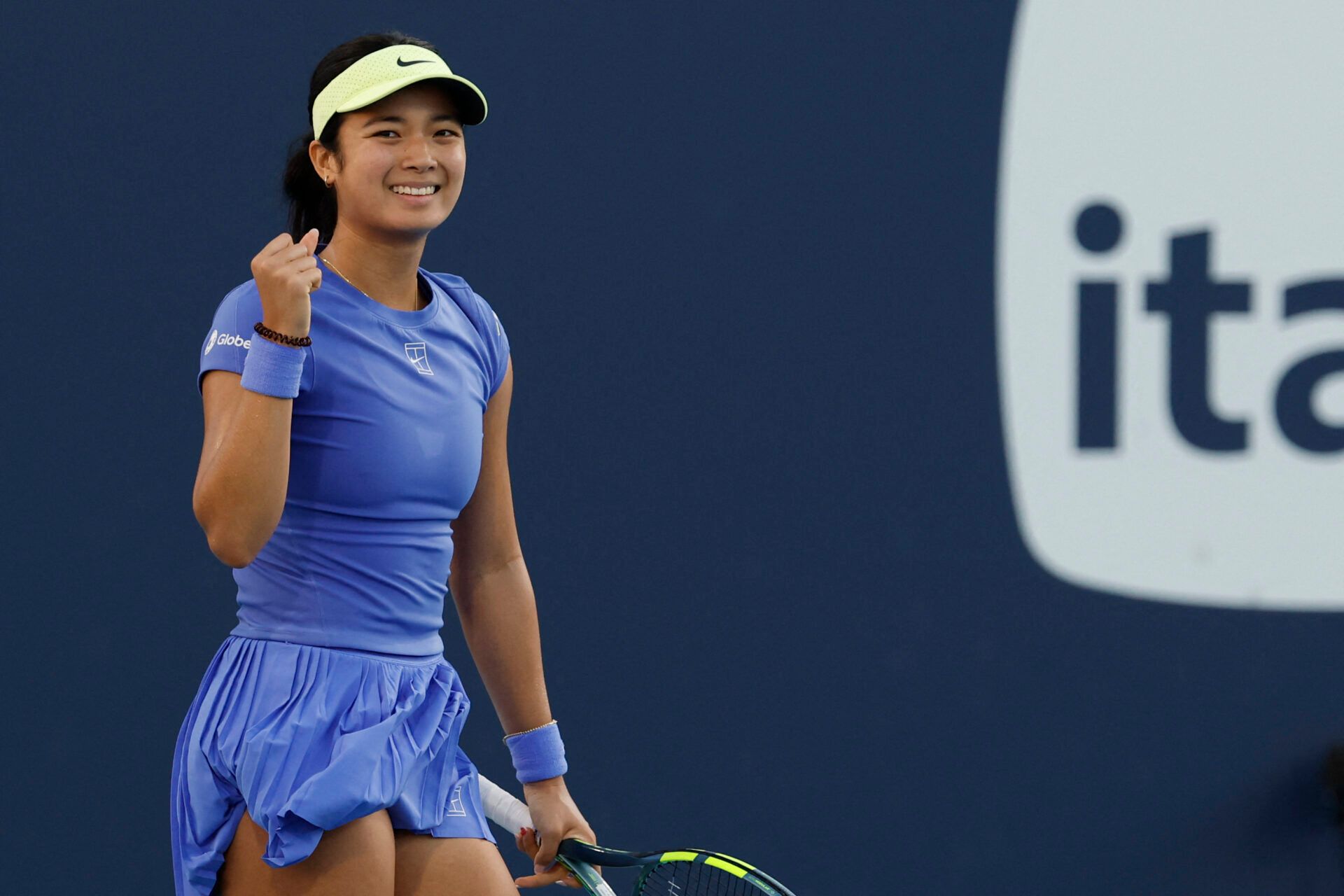 Alexandra Eala (PHI) celebrates after match point against Magda Linette (POL) (not pictured) on day five of the 2026 Miami Open at Hard Rock Stadium.