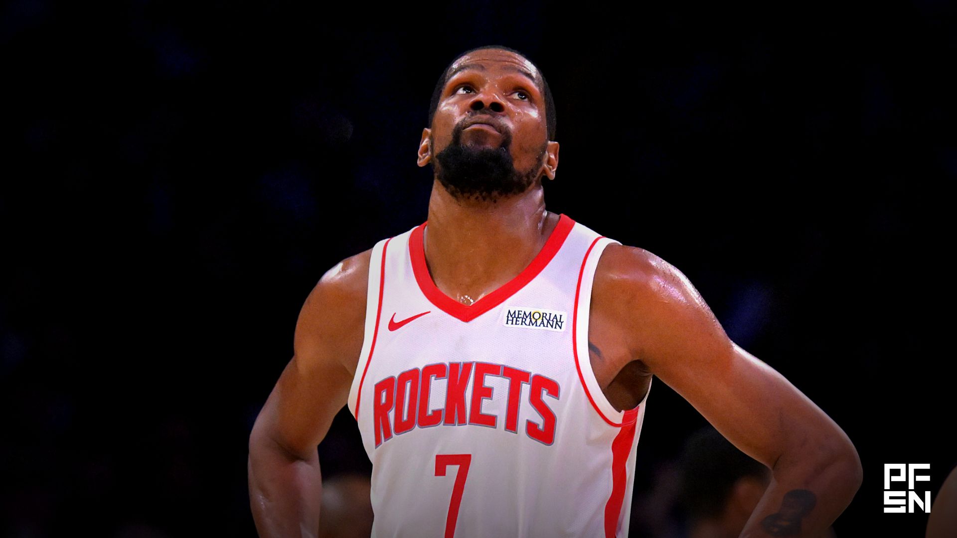 Houston Rockets forward Kevin Durant (7) looks on from the court in the second half of game two of the first round of the 2026 NBA Playoffs against the Los Angeles Lakers at Crypto.com Arena.