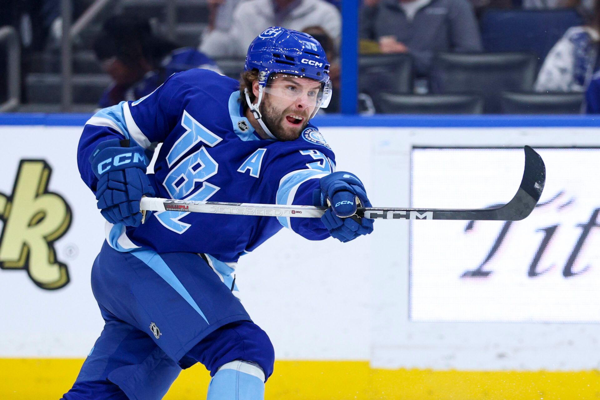 Tampa Bay Lightning left wing Brandon Hagel (38) at Benchmark International Arena.