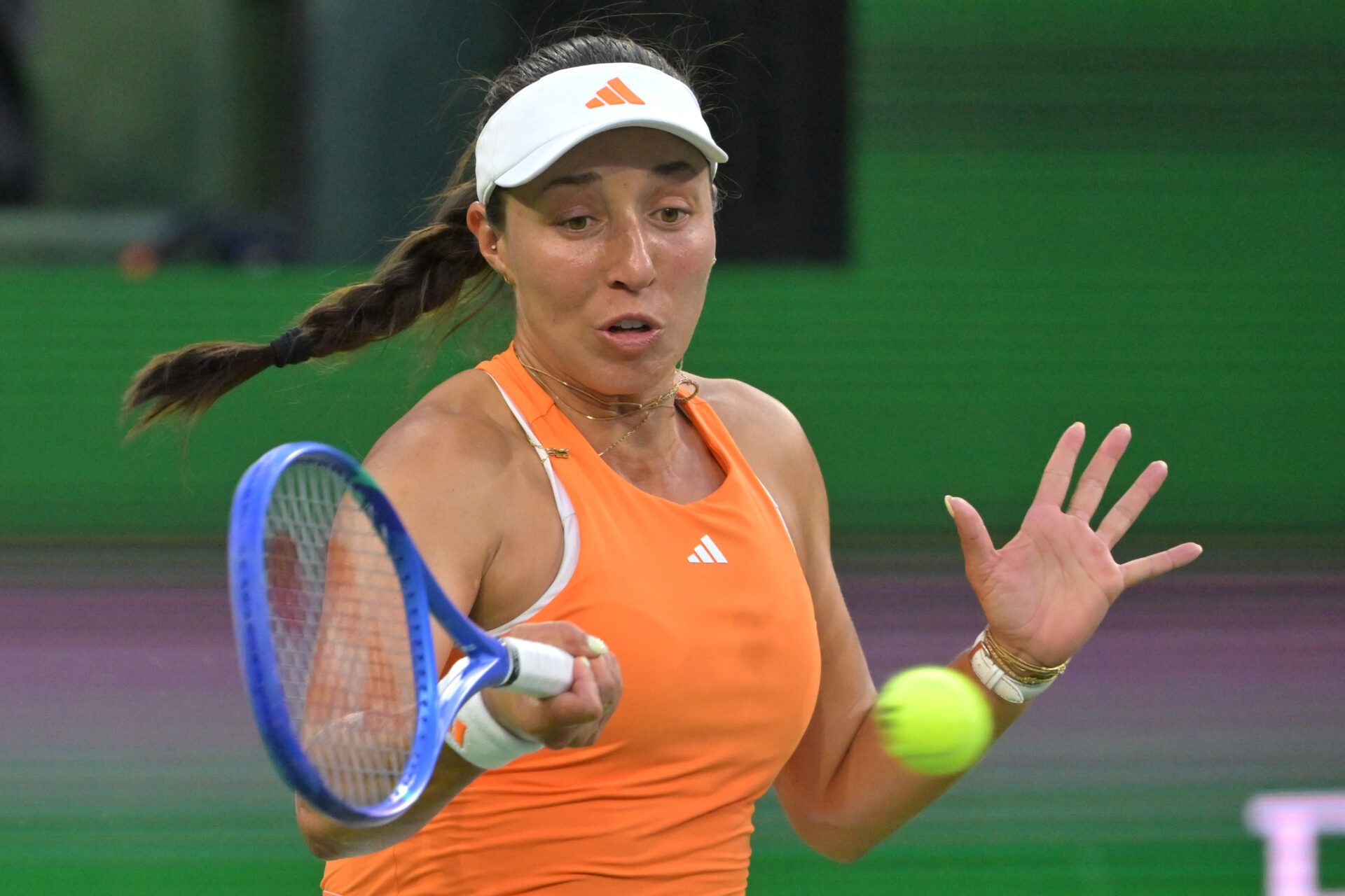 Jessica Pegula (USA) hits a shot in her quarterfinal against Elena Rybakina (KAZ) during the BNP Paribas Open at the Indian Wells Tennis Garden.
