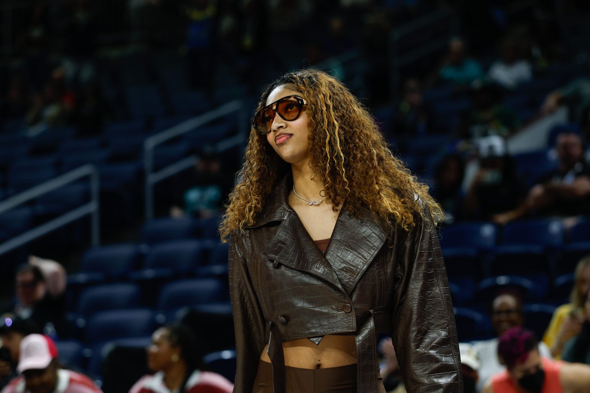 Injured Chicago Sky forward Angel Reese (5) stands on the sidelines before a WNBA game against the New York Liberty at Wintrust Arena.
