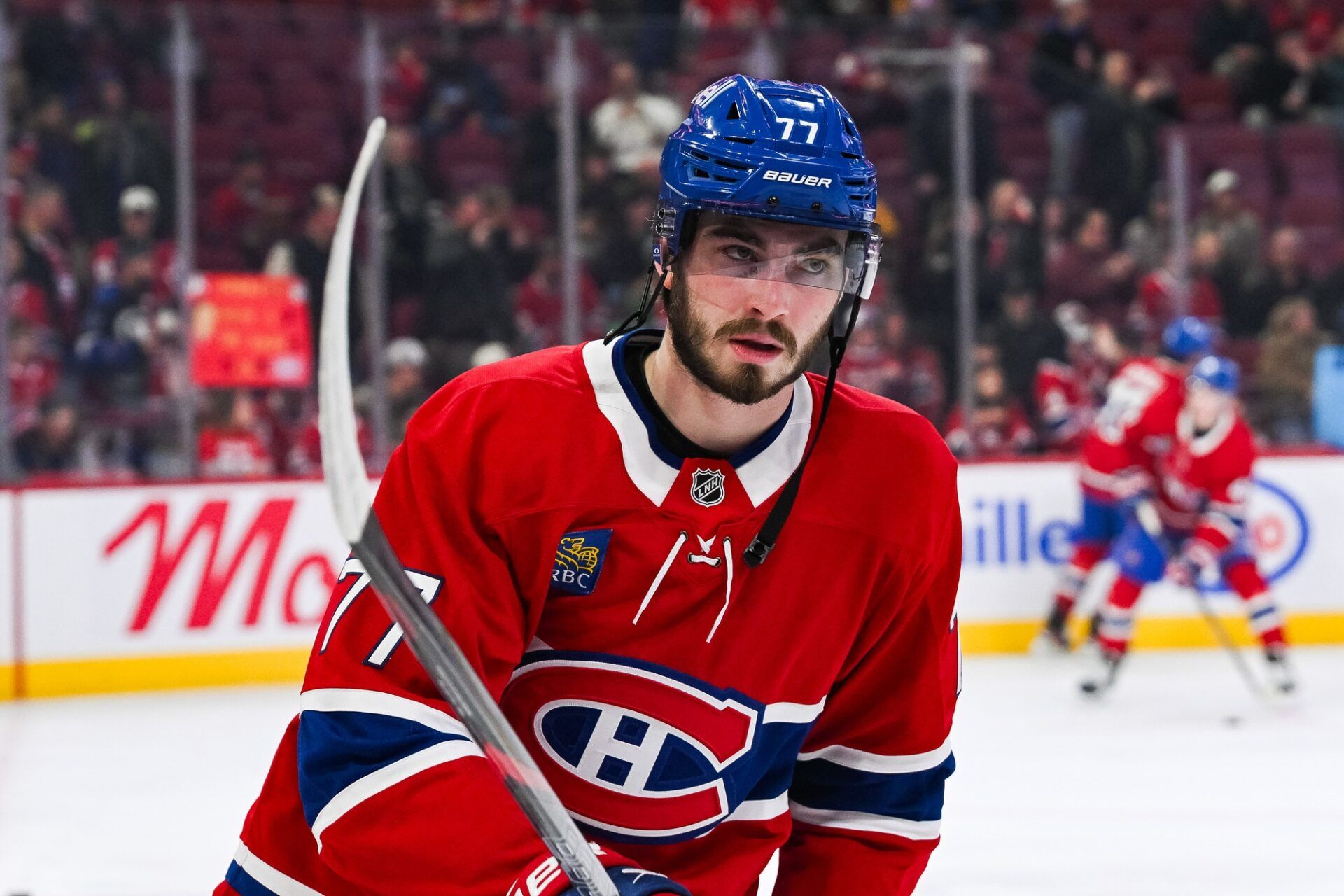 Montreal Canadiens center Kirby Dach (77) looks on during warm-up before the game against the Dallas Stars at Bell Centre.