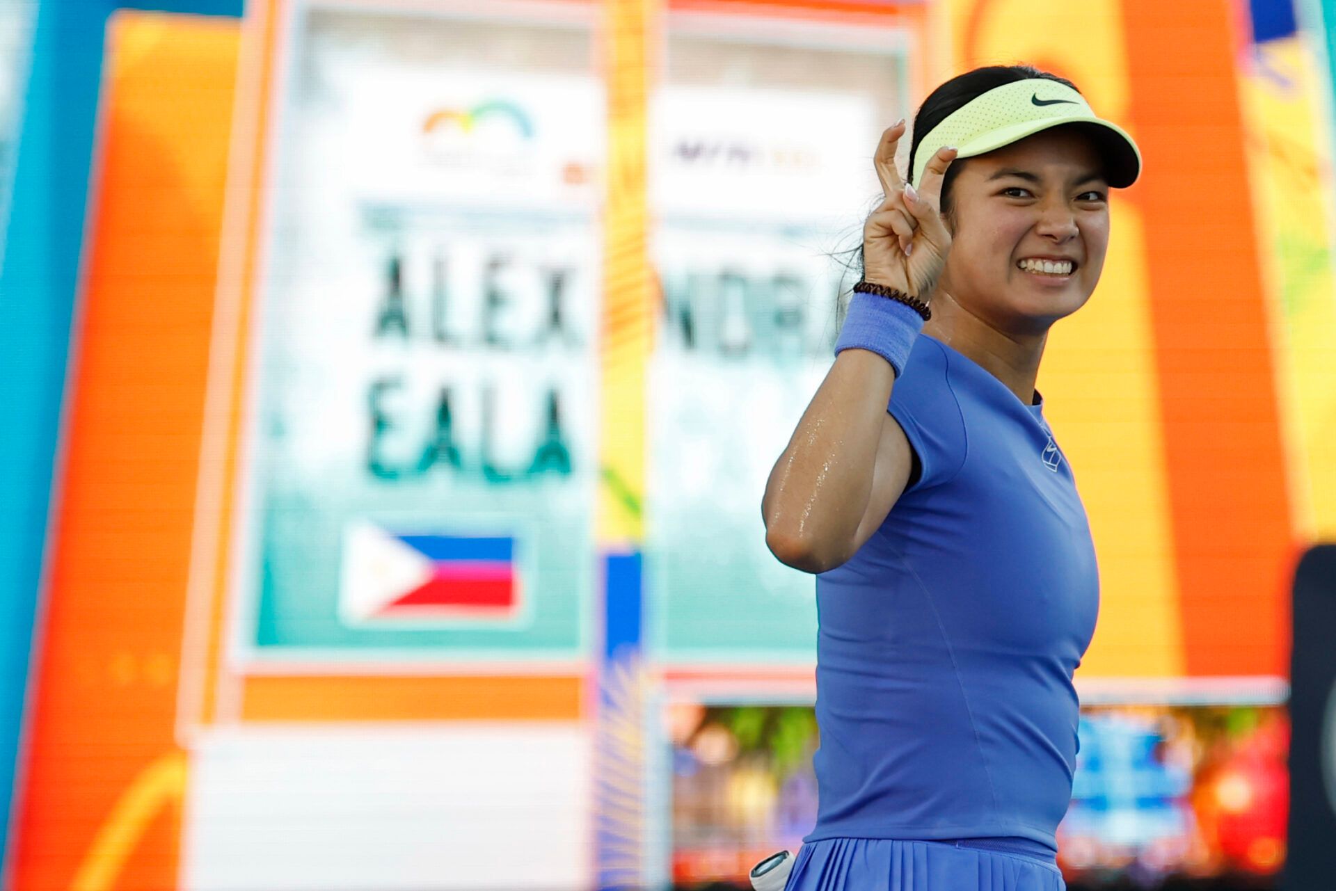 Alexandra Eala (PHI) gestures to her player's box after her match against Magda Linette (POL) (not pictured) on day five of the 2026 Miami Open at Hard Rock Stadium.