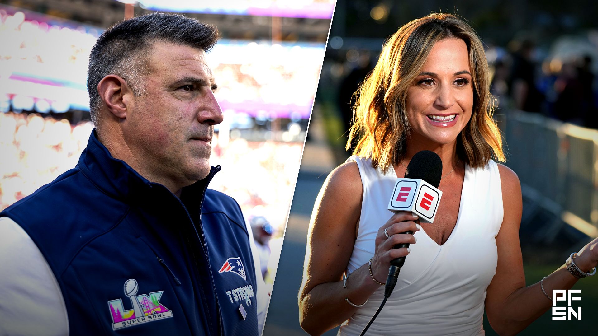 New England Patriots head coach Mike Vrabel walks on field before Super Bowl LX against the Seattle Seahawks at Levi's Stadium. Mandatory Credit: Mark J. Rebilas-Imagn Images

Feb 7, 2022; Westlake Village, CA, USA; ESPN reporter Dianna Russini at Los Angeles Rams Super Bowl LVI Opening Night at Oaks Christian High School.