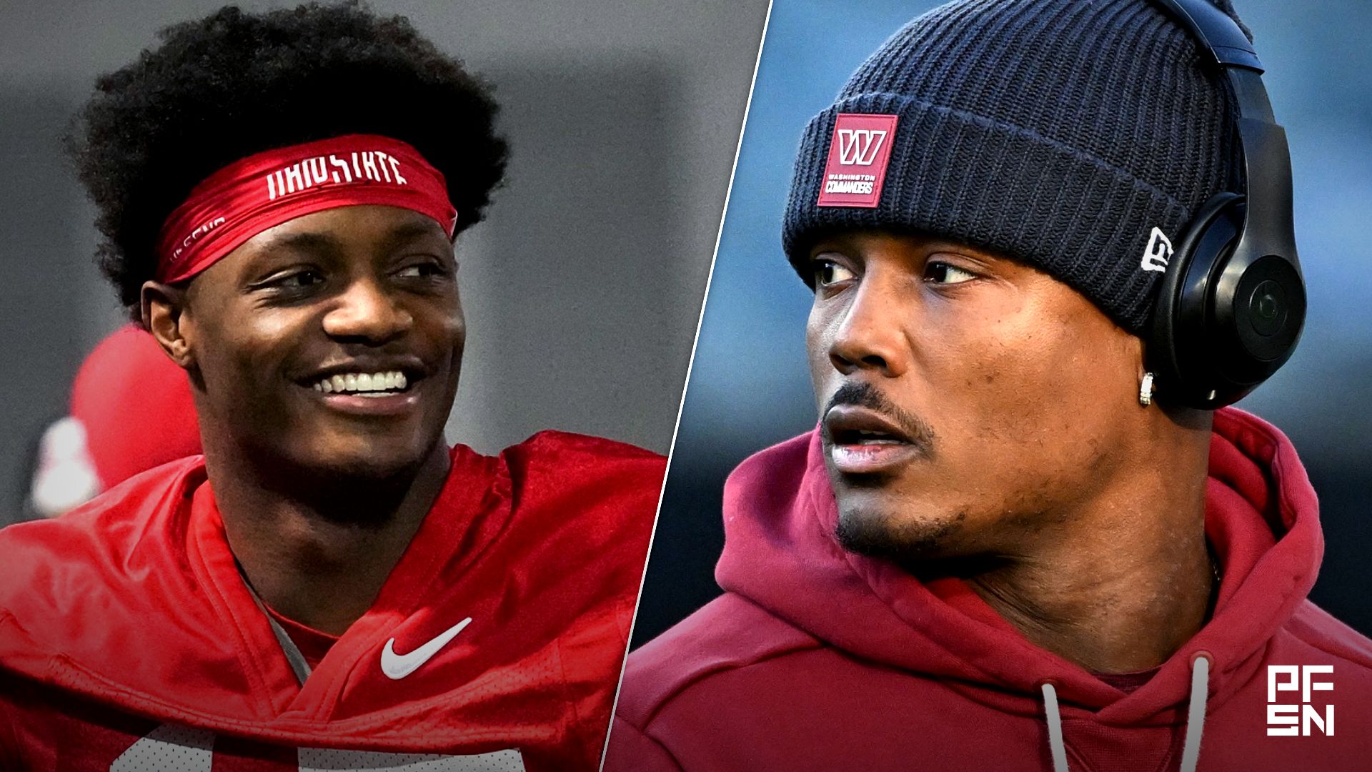 Washington Commanders wide receiver Terry McLaurin (17) during warmups against the Philadelphia Eagles at Lincoln Financial Field. Mandatory Credit: Eric Hartline-Imagn Images

Mar 7, 2024; Columbus, OH, USA; Ohio State Buckeyes wide receiver Carnell Tate (17) stretches with wide receiver Reis Stocksdale (87) during spring football practice at the Woody Hayes Athletic Center. Credit:
© Adam Cairns/Columbus Dispatch / USA TODAY NETWORK via Imagn Images