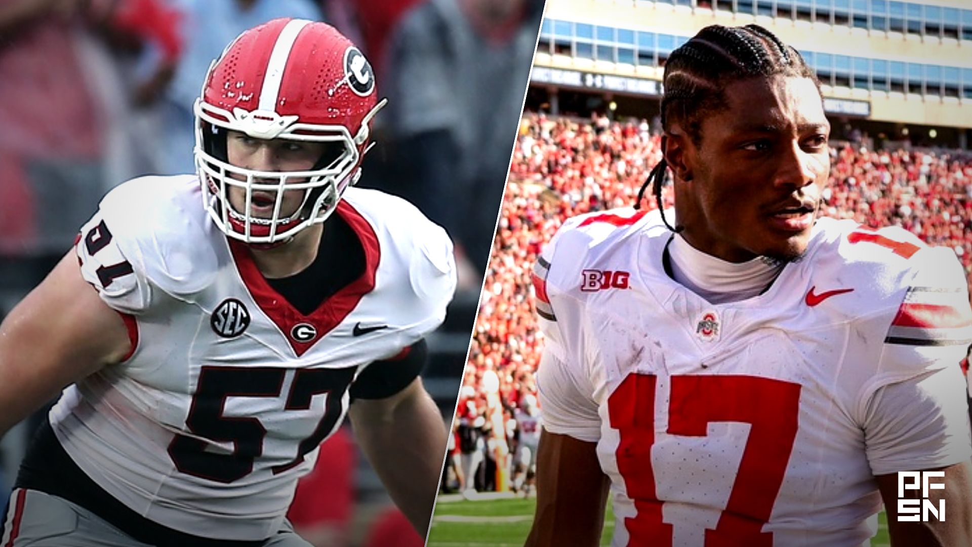 Ohio State Buckeyes wide receiver Carnell Tate (17) reacts after scoring a touchdown in the first half at Camp Randall Stadium on Saturday, Oct. 18, 2025 in Madison, Wisconsin. Credit:
© Samantha Madar/Columbus Dispatch / USA TODAY NETWORK via Imagn Images

Nov 9, 2024; Oxford, Mississippi, USA; Georgia Bulldogs offensive lineman Monroe Freeling (57) blocks during the first half against the Mississippi Rebels at Vaught-Hemingway Stadium.
