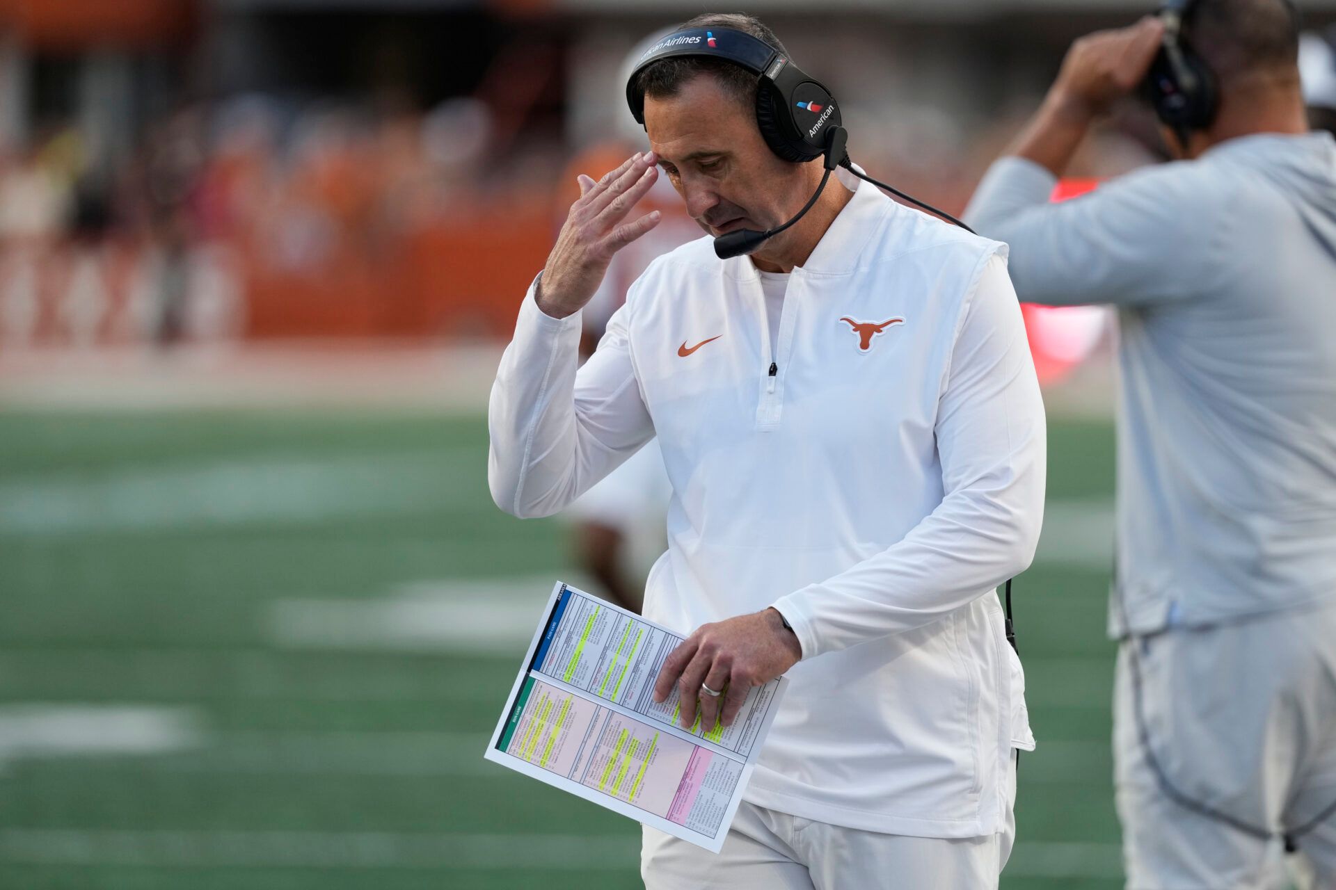 Texas Longhorns head coach Steve Sarkisian pauses during the second half against the Arkansas Razorbacks at Darrell K Royal-Texas Memorial Stadium.