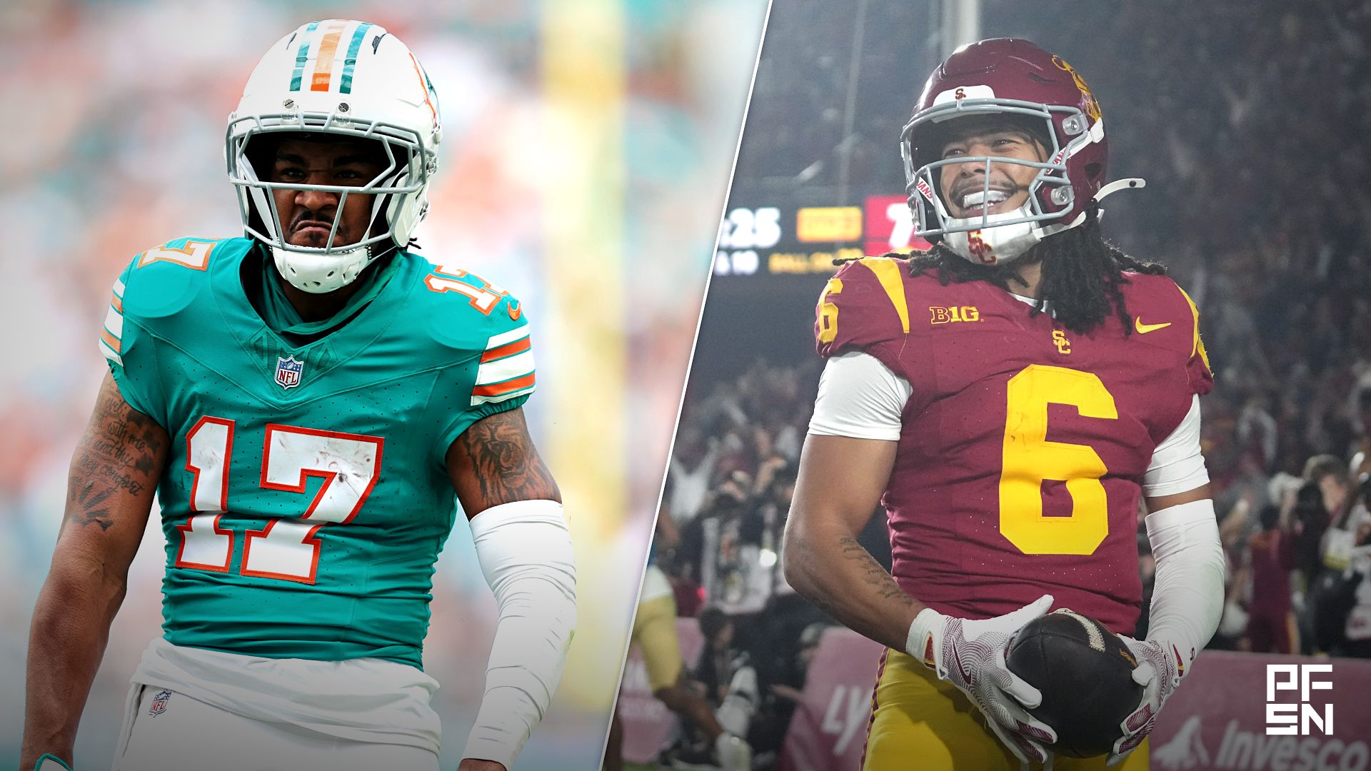 Southern California Trojans wide receiver Makai Lemon (6) celebrates after catching a 32-yard touchdown pass against the UCLA Bruins in the second half at United Airlines Field at Los Angeles Memorial Coliseum. Mandatory Credit: Kirby Lee-Imagn Images

Dec 21, 2025; Miami Gardens, Florida, USA; Miami Dolphins wide receiver Jaylen Waddle (17) reacts during the second quarter against the Cincinnati Bengals at Hard Rock Stadium.