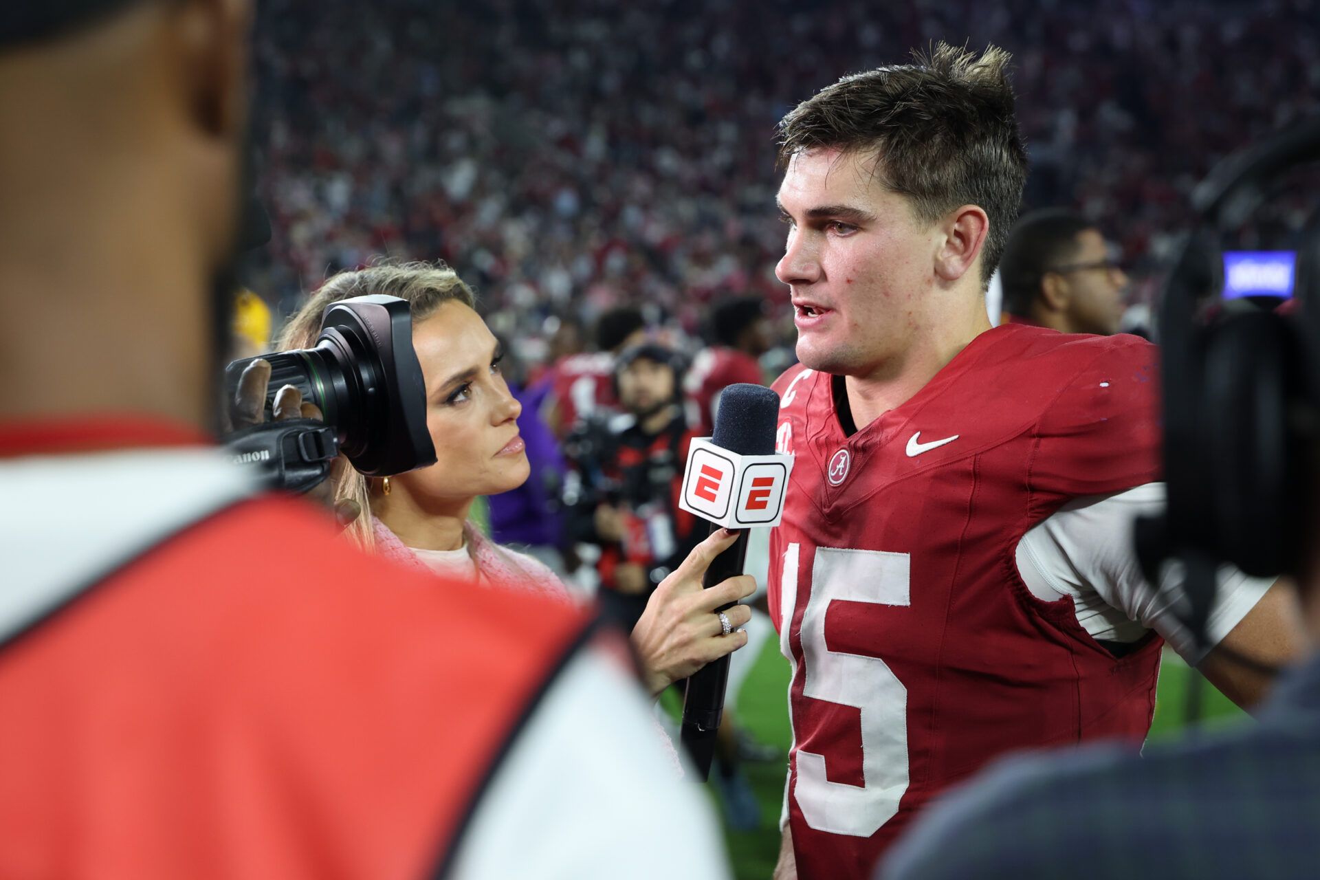 Alabama Crimson Tide quarterback Ty Simpson (15) speaks to the media after the game against the Louisiana State Tigers at Saban Field at Bryant-Denny Stadium.