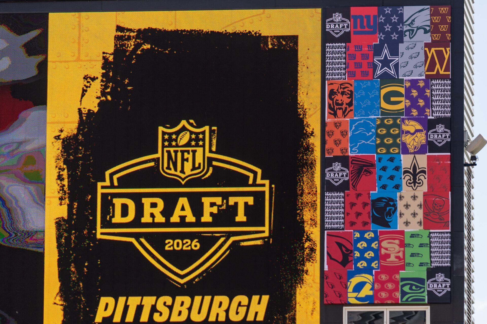 Wednesday, April 22, 2026; On the scoreboard at Acrisure Stadium features the NFL Draft and logos of all 32 NFL teams.