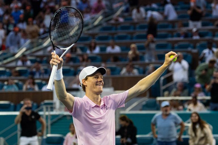 Jannik Sinner of Italy celebrates his victory over Jiri Lehecka of the Czech Republic in the final of the men’s singles at the Miami Open at the Hard Rock Stadium.