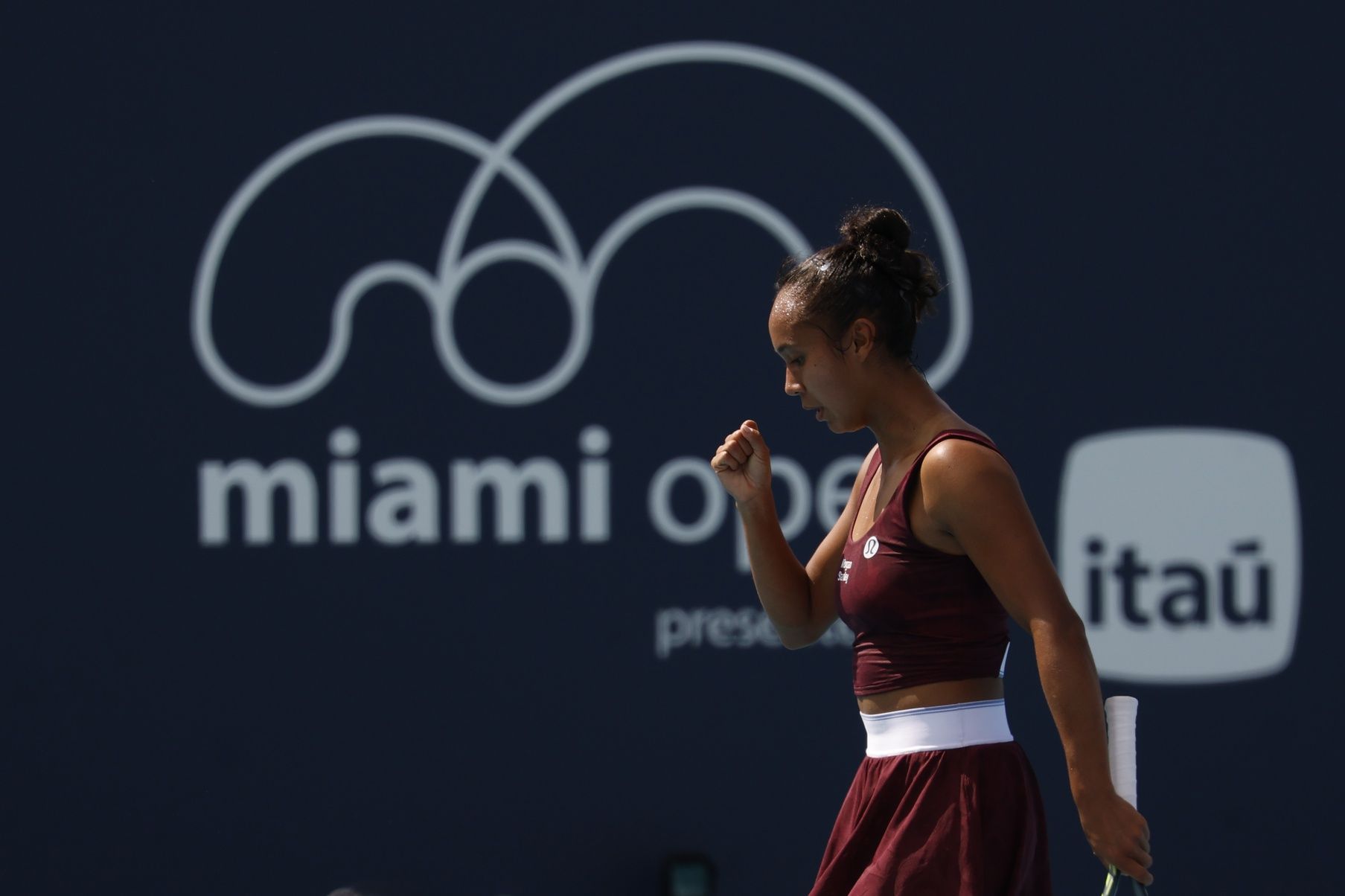 Leylah Fernandez (CAN) reacts after winning a point against Oksana Selekhmeteva (not pictured) on day five of the 2026 Miami Open at Hard Rock Stadium.