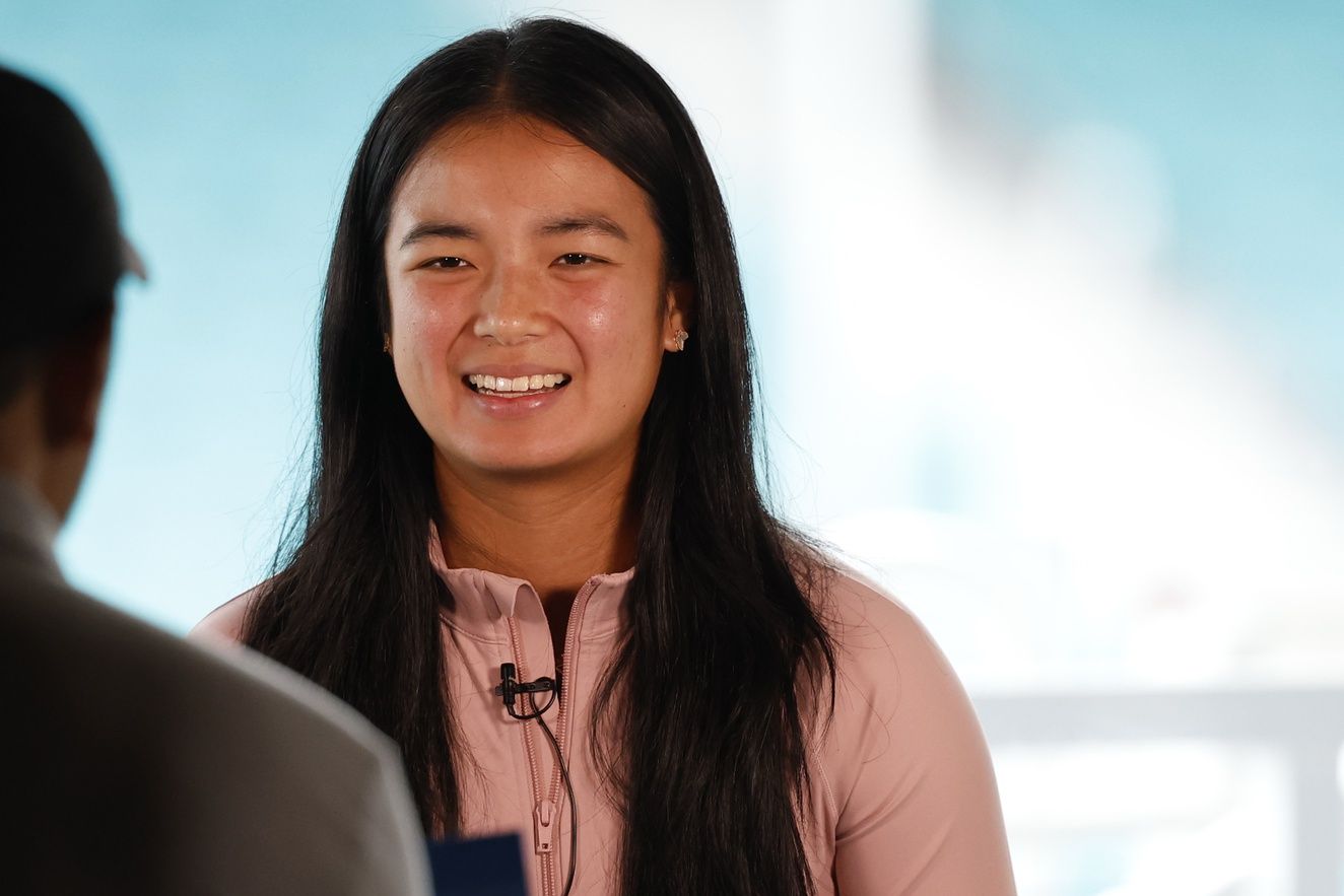 Alexandra Eala (PHI) speaks to a member of the media during Media Day on Day 1 of the 2026 Miami Open at Hard Rock Stadium.