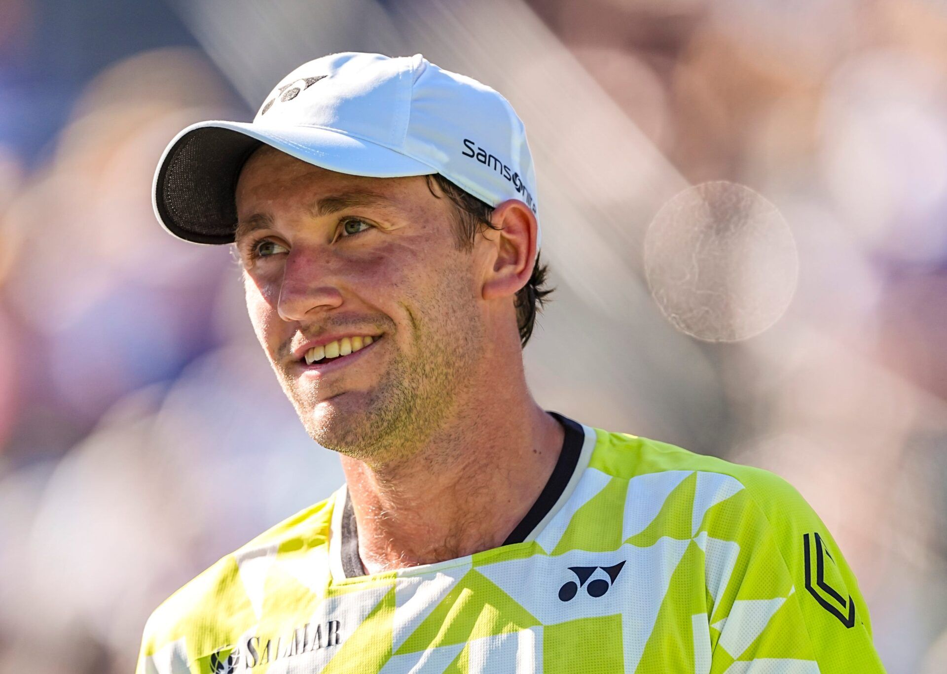Casper Ruud smiles after a point over Carlos Alcaraz during their fourth-round match at the BNP Paribas Open in Indian Wells, Calif., Wednesday, March 11, 2026.