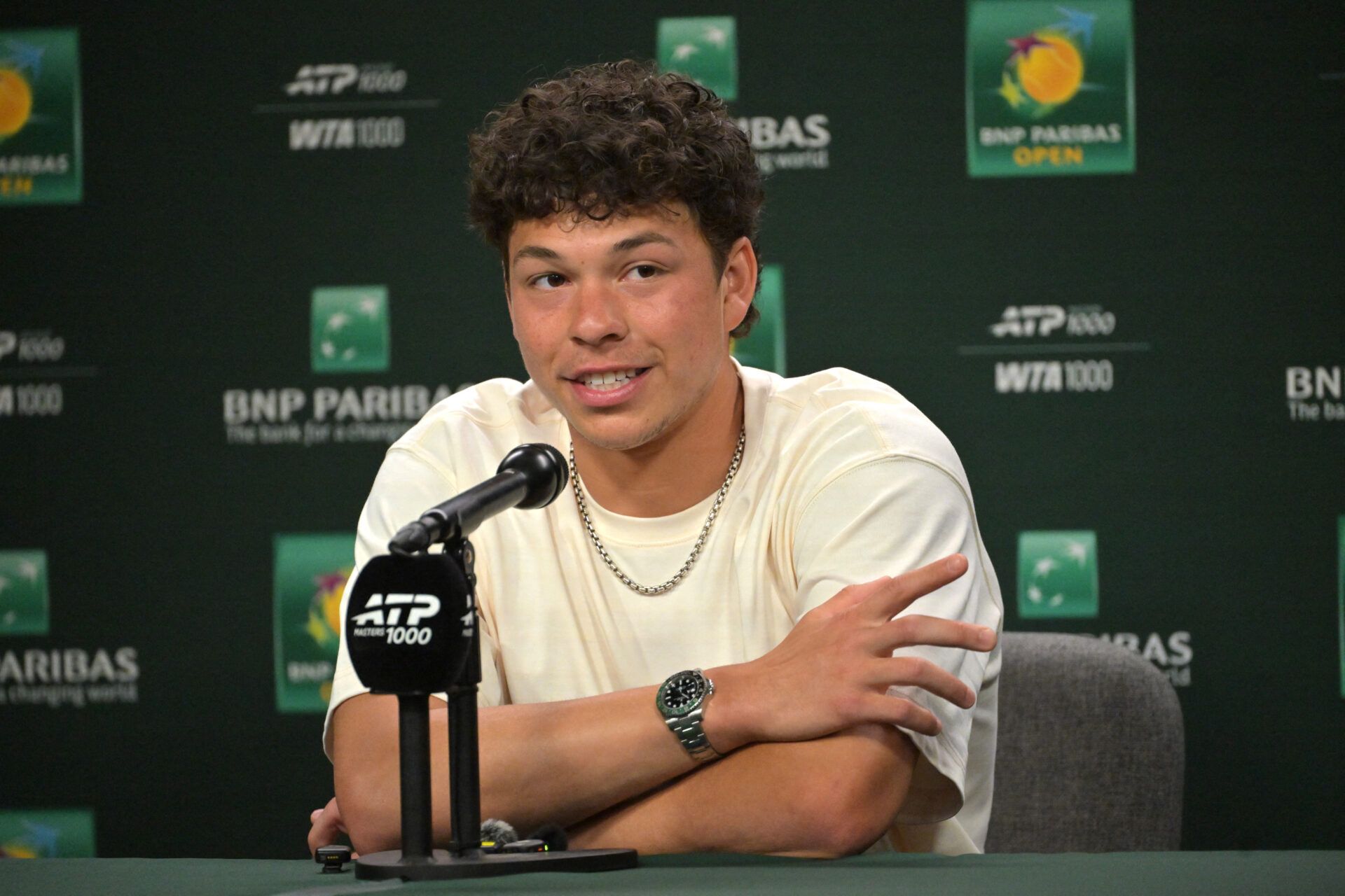 Ben Shelton (USA) speaks to the media at a news conference during the BNP Paribas Open at the Indian Wells Tennis Garden.