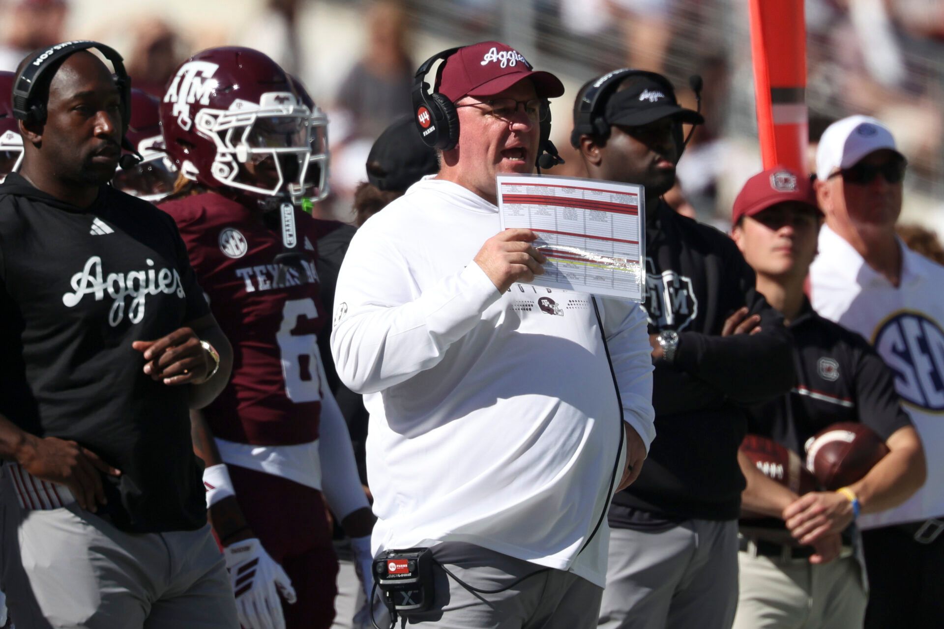 Texas A&M Aggies head coach Mike Elko reacts on the sideline during the second quarter against the South Carolina Gamecocks at Kyle Field.