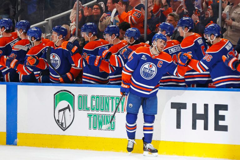 The Edmonton Oilers celebrate a goal scored by forward Connor McDavid (97) at Rogers Place.