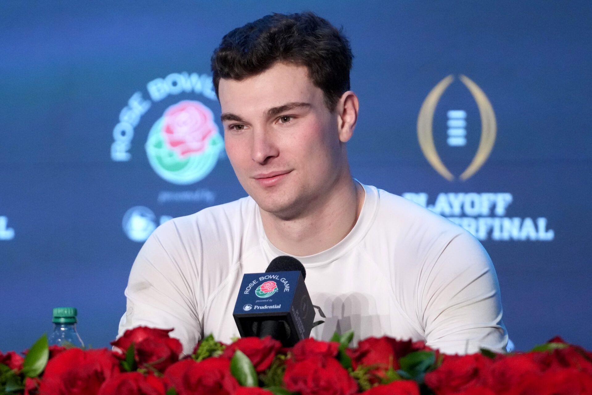 Indiana Hoosiers quarterback Fernando Mendoza (15) speaks in a press conference after defeating the Alabama Crimson Tide in the 2026 Rose Bowl and quarterfinal game of the College Football Playoff at Rose Bowl Stadium.
