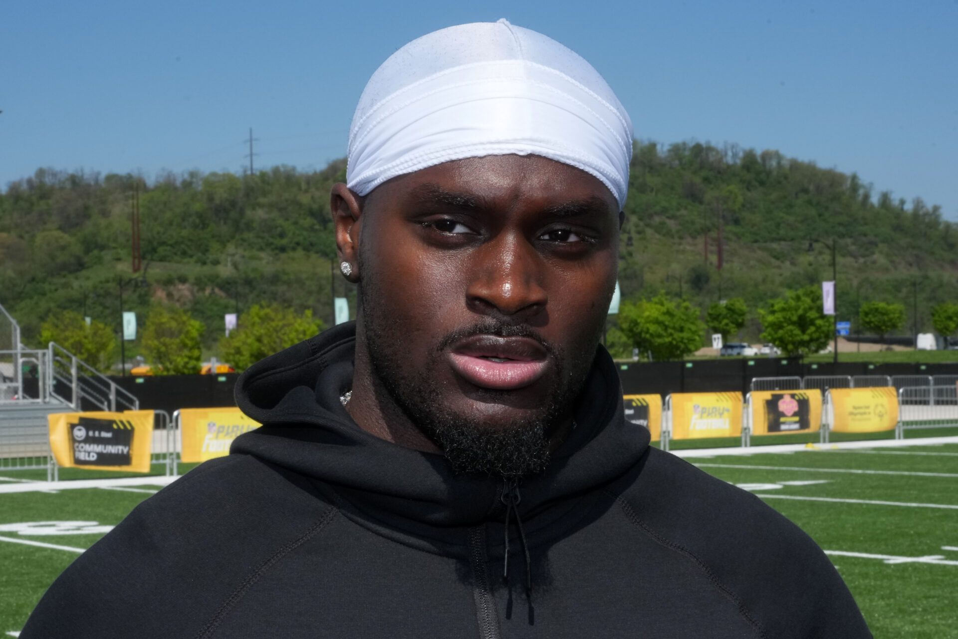 Notre Dame Fighting Irish running back Jeremiyah Love during the NFL Draft prospects clinic at Hazelwood Green Park.