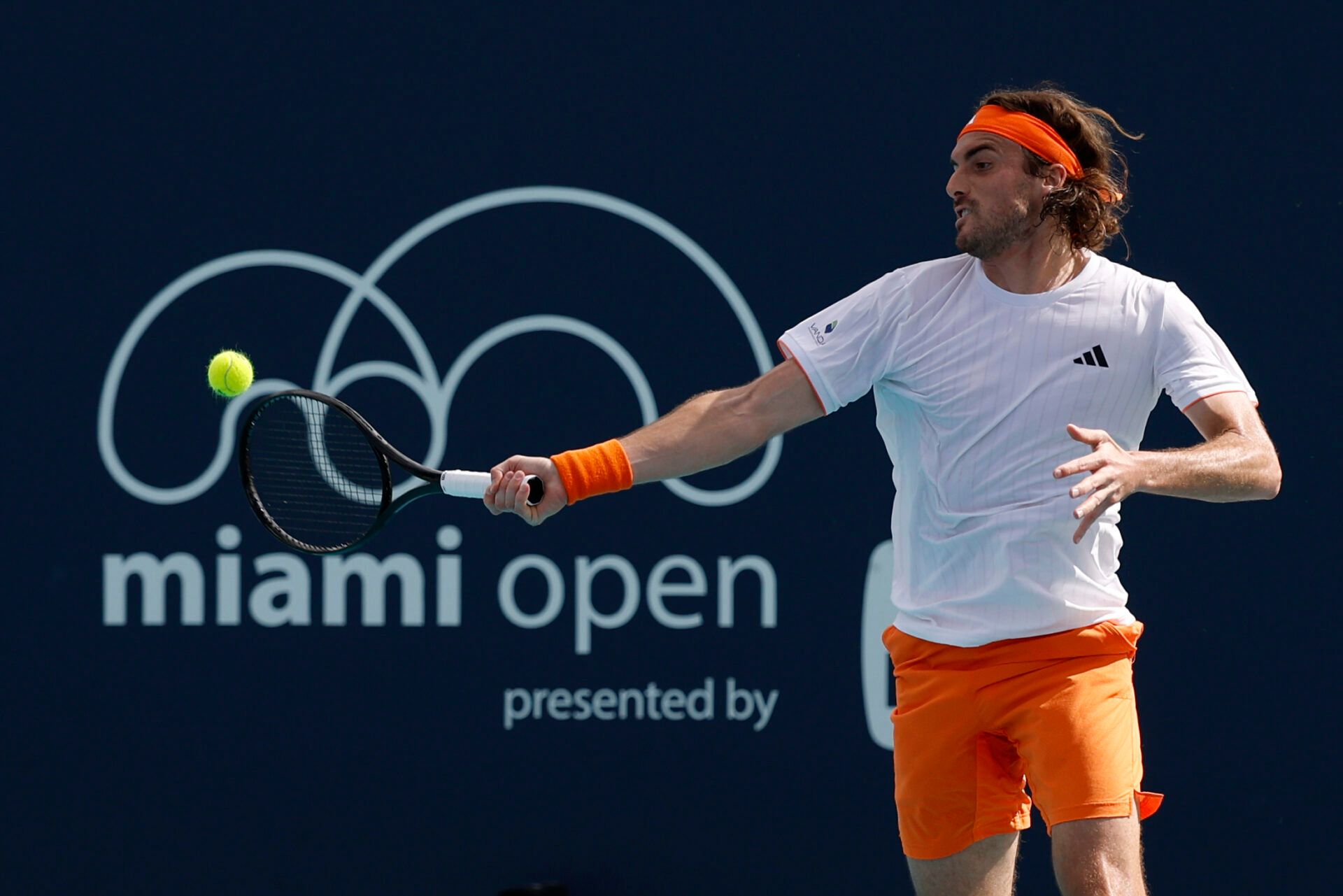 Stefanos Tsitsipas (GRE) hits a forehand against Arthur Fery (GBR) (not pictured) on day three of the 2026 Miami Open at Hard Rock Stadium.